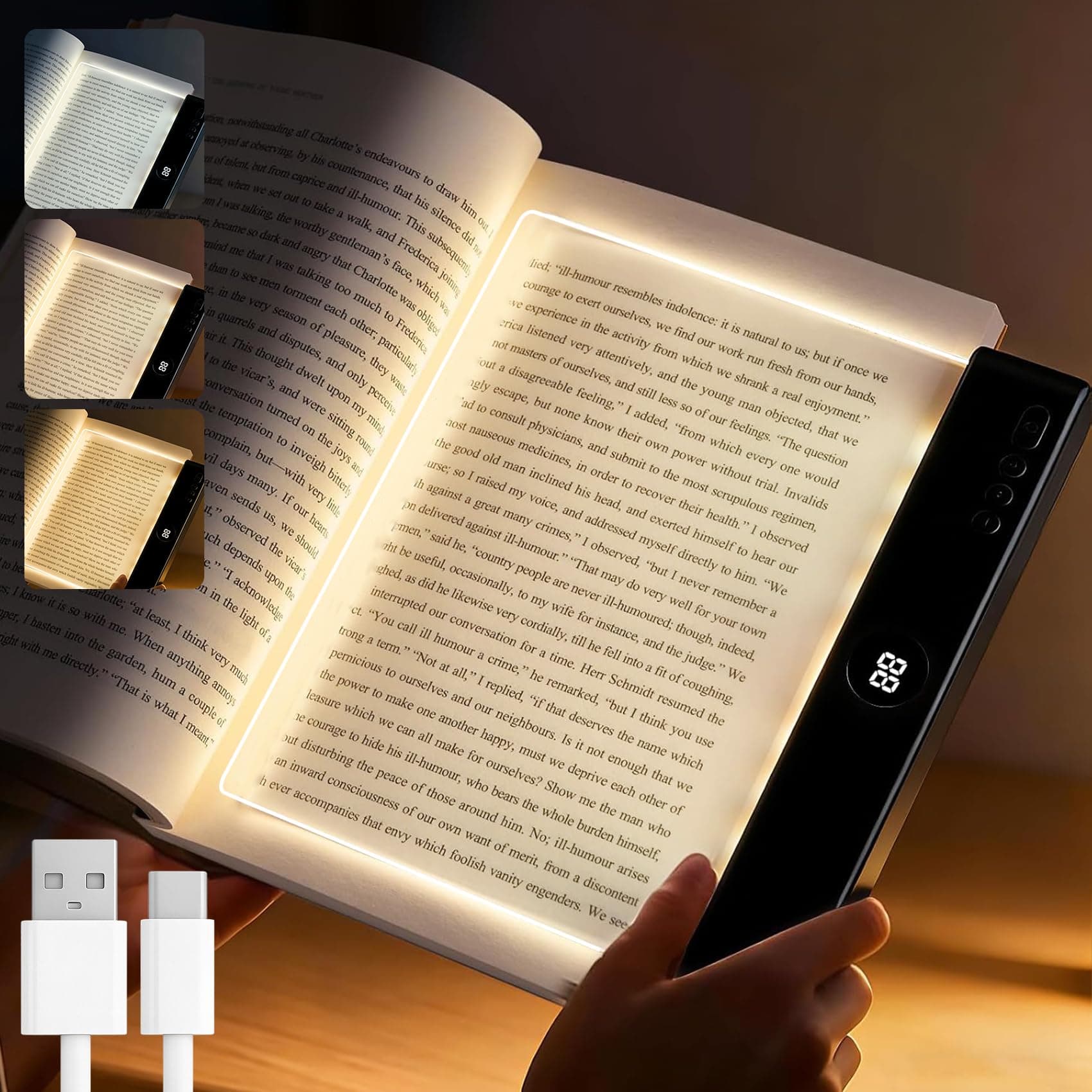 LED HD Pannello Luce da Lettura, Lampada Lettura Libro Occhi Protetti | Luce Libro Piatta Ricaricabile da Letto, Notturna Timer, 3 Colorei Dimmerabile Senza Livelli, per Gli Amanti dei Libri