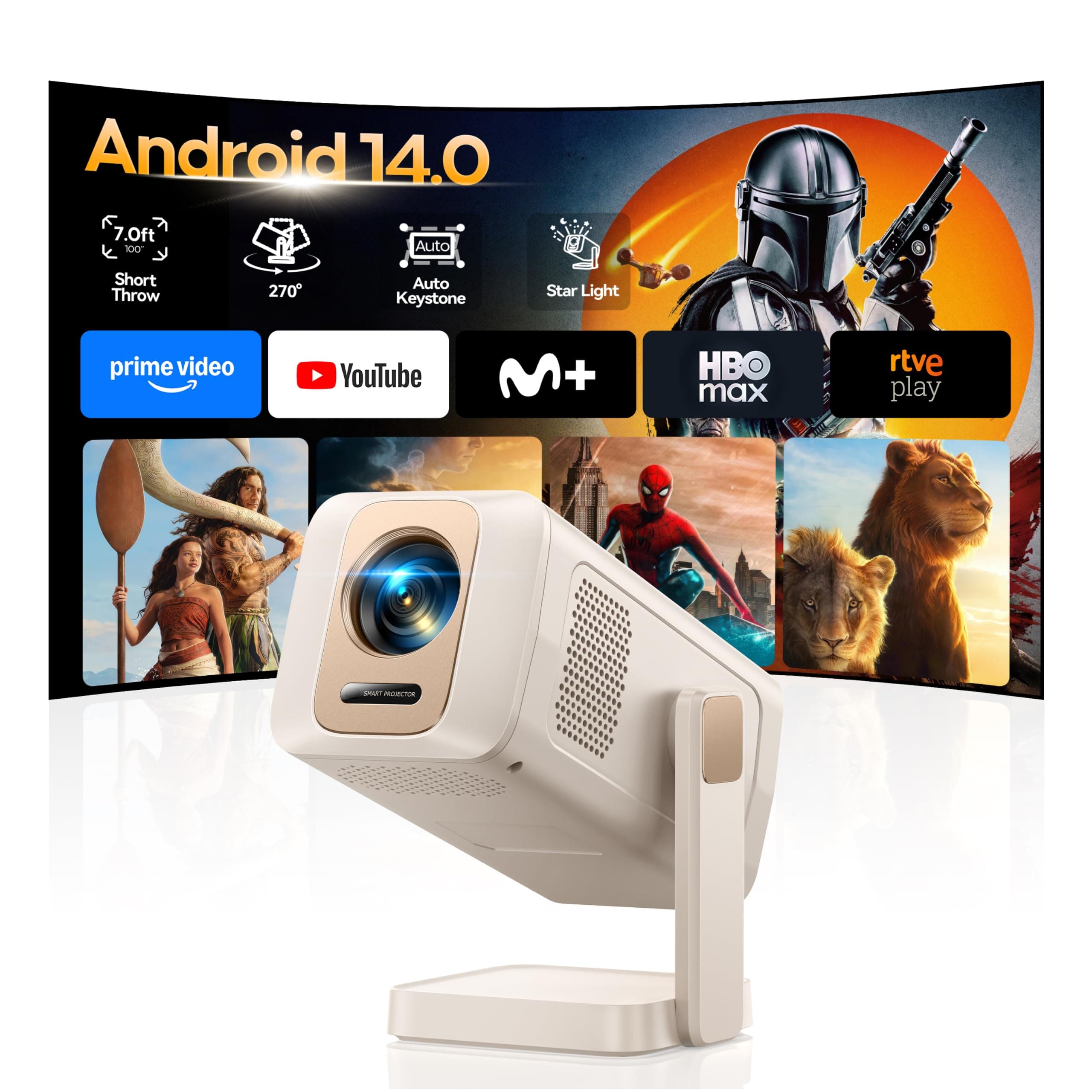 Proyector Portátil【Android 14.0/App Integrada】 Mini Proyector Inteligente, Corrección Trapezoidal Automática, WiFi 6 Bluetooth 5.4, Giro 270°, Control por App, Projector Portable Cine en Casa