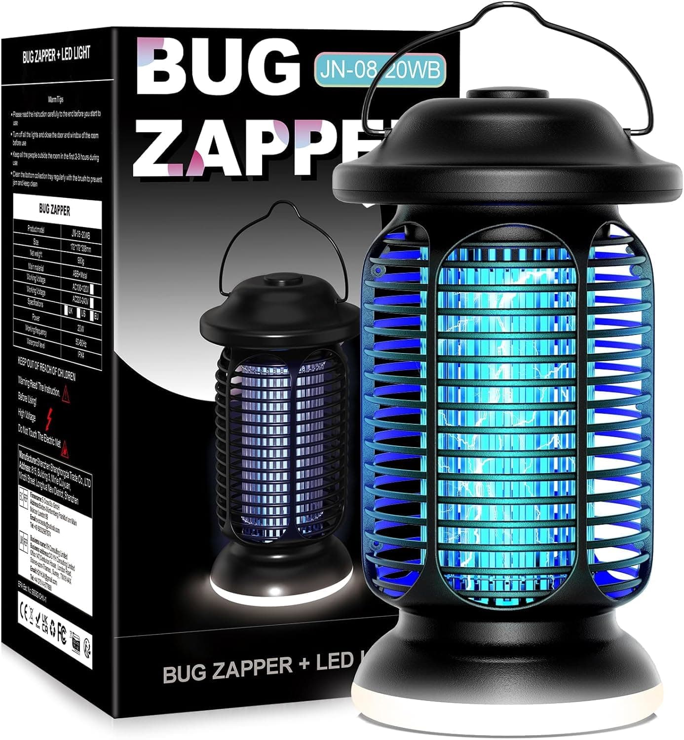 Regevo Lampe Anti Moustique, 4000V Tue Mouche Eléctrique avec lumière LED, 20W Appareil Anti Moustique UV, IPX4 étanche, Piège à Moustique Insectes Moucherons pour Extérieur Intérieur