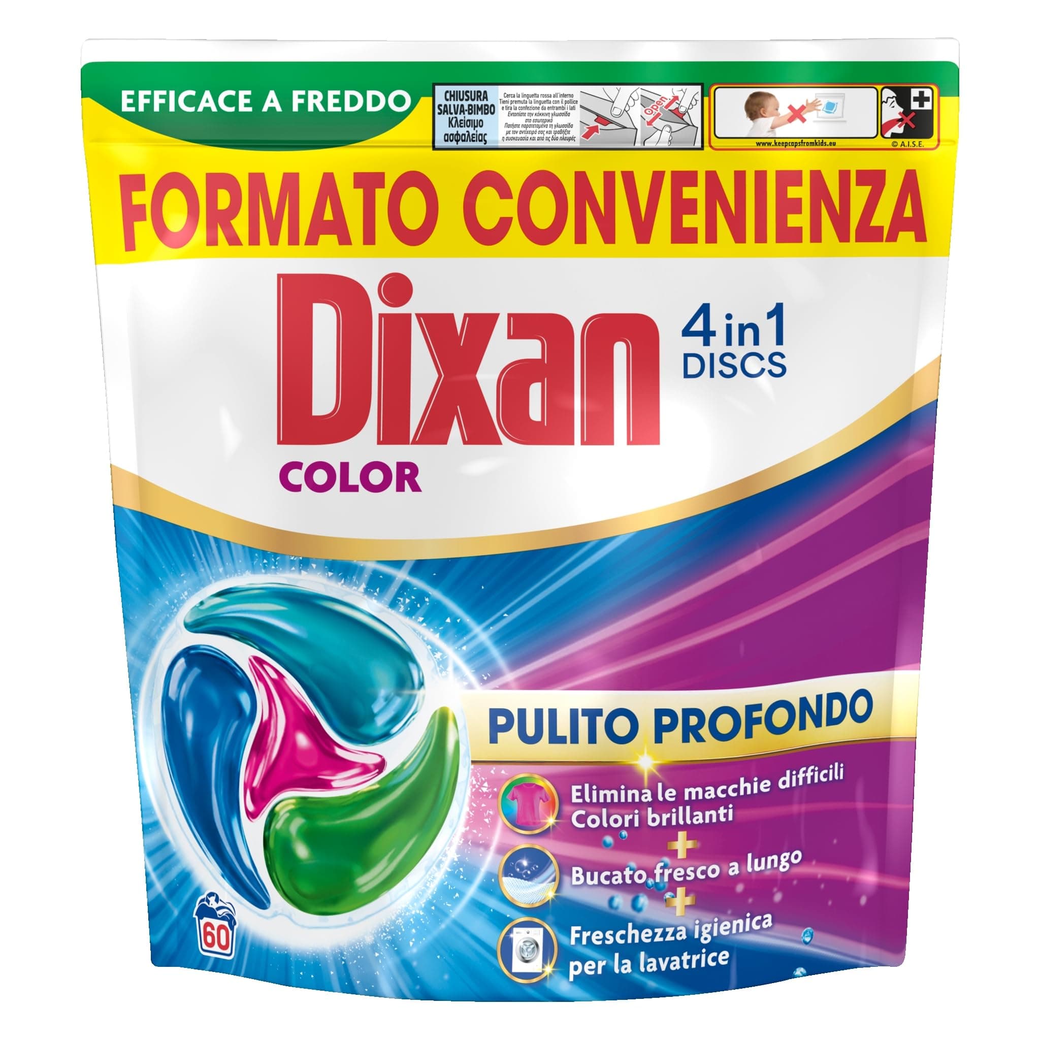 Dixan DISCS 4in1 Color Detersivo lavatrice, 60 lavaggi | In capsule, Per colori vivaci, Pulizia profonda del bucato, Freschezza igienica per la lavatrice, Rimuove le macchie da 20°C