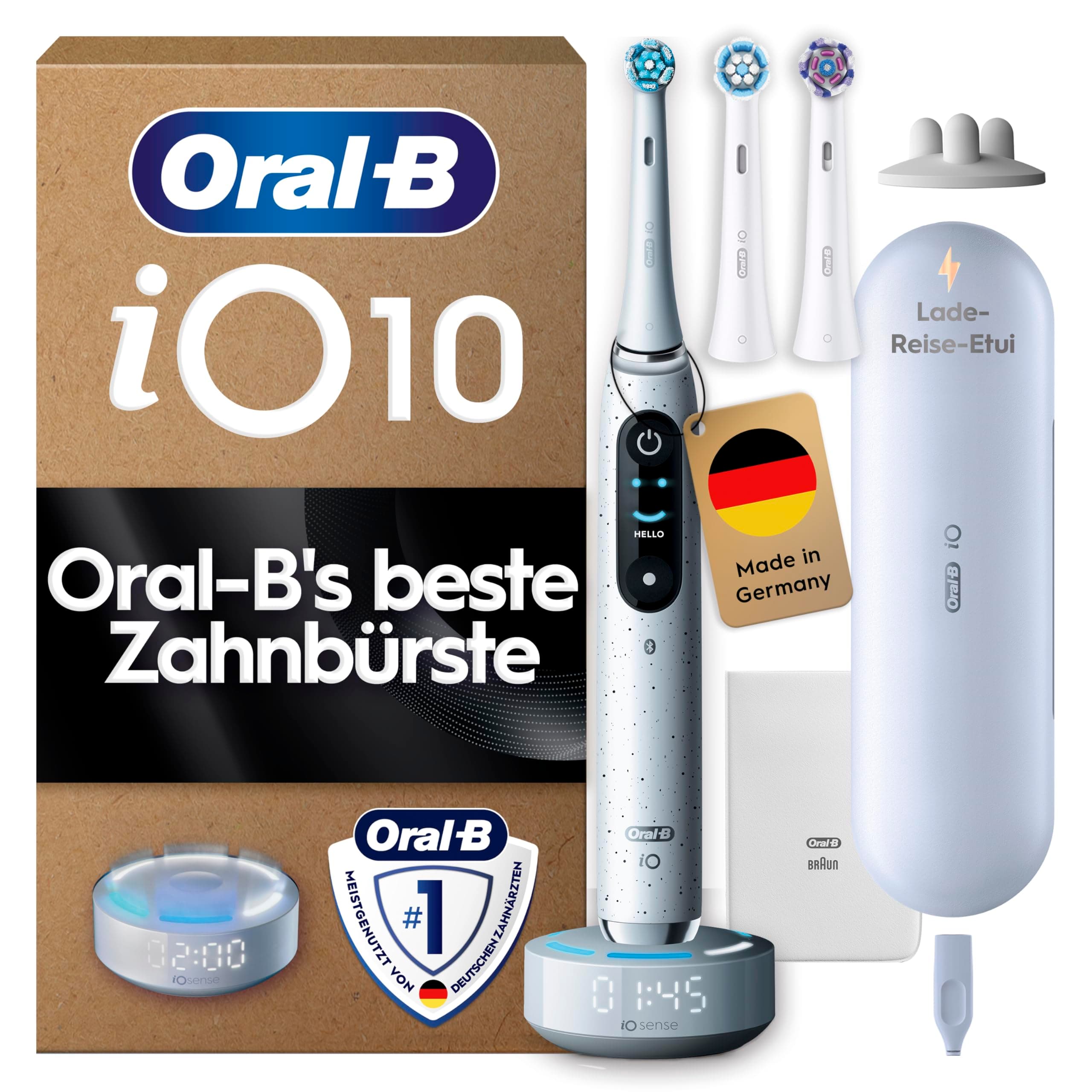Oral-B iO Series 10 Elektrische Zahnbürste, Weiß | Inkl. 3 Aufsteckbürsten, Lade-Reise-Etui, iOSense, Electric Toothbrush mit 7 Putzmodi für Zahnpflege