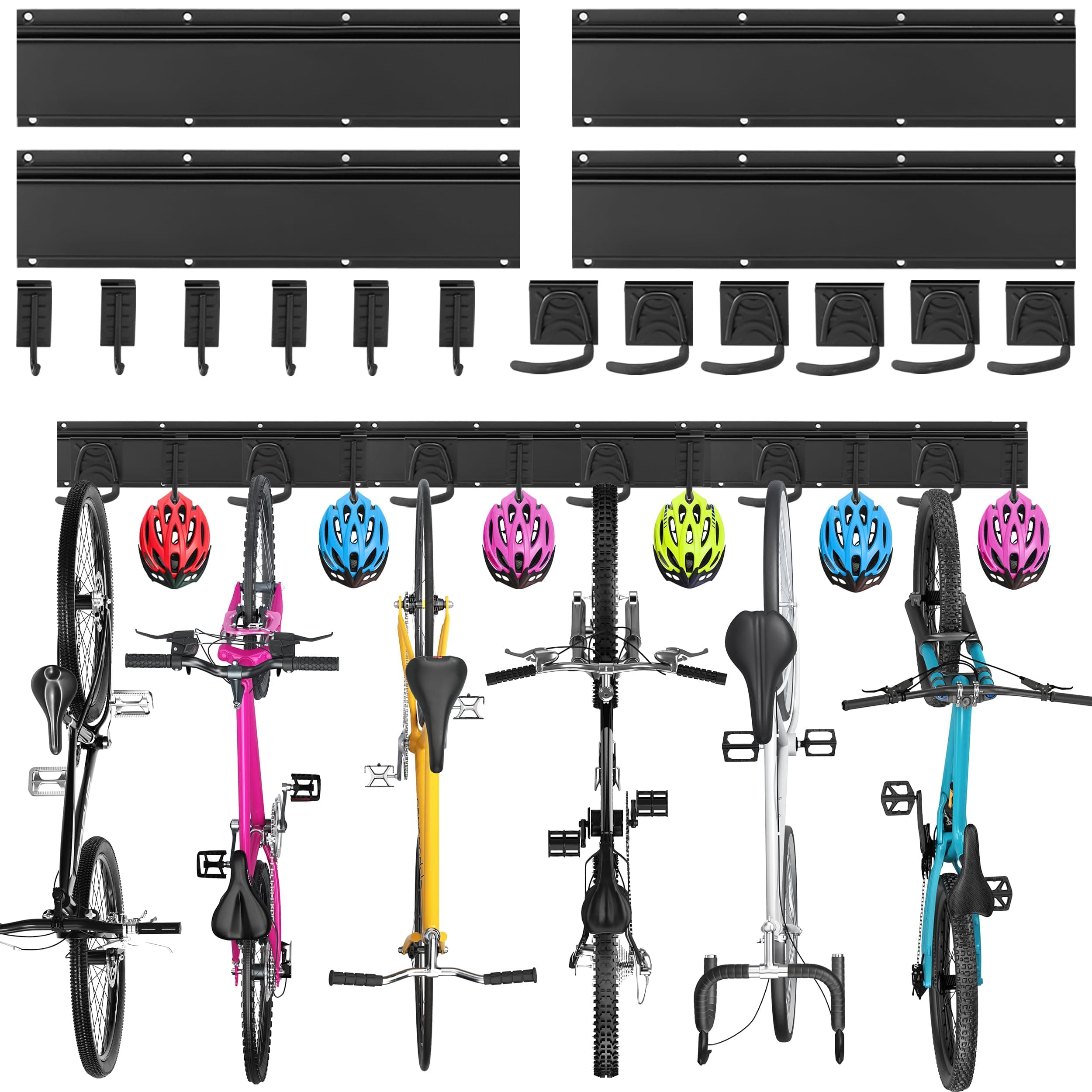 Sinoer Support mural pour vélo, support mural pour 6 vélos, 6 casques, crochet de rangement pour outils pour garage ou maison, crochet vertical pour vélo (largeur intérieure : 90 mm) – 4 rails