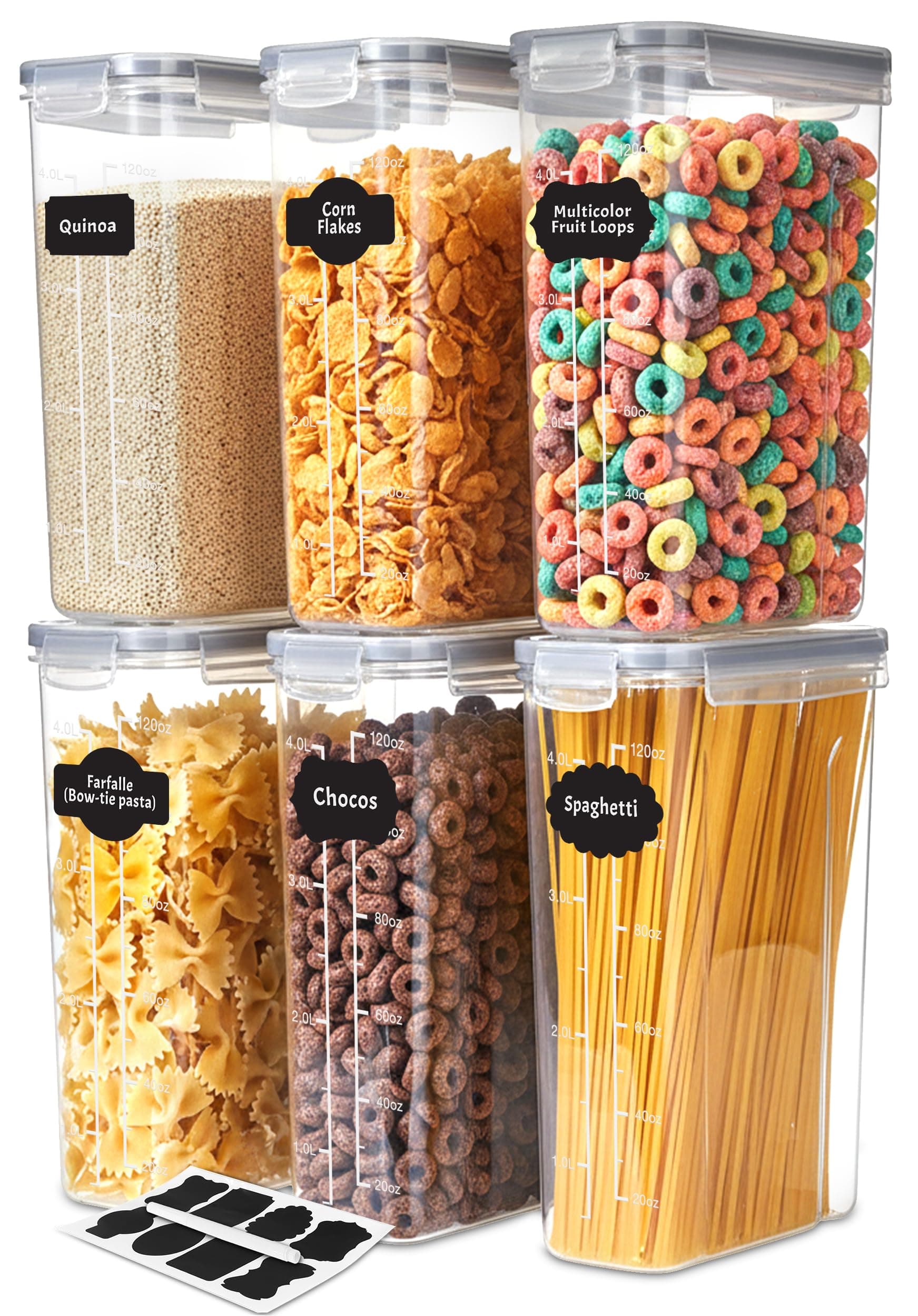 KICHLY Recipiente para Cereales (Juego de 6) - Plástico sin BPA - Recipientes herméticos para alimentos - Almacenamiento de alimentos secos - Tarros de cocina para organizar la despensa
