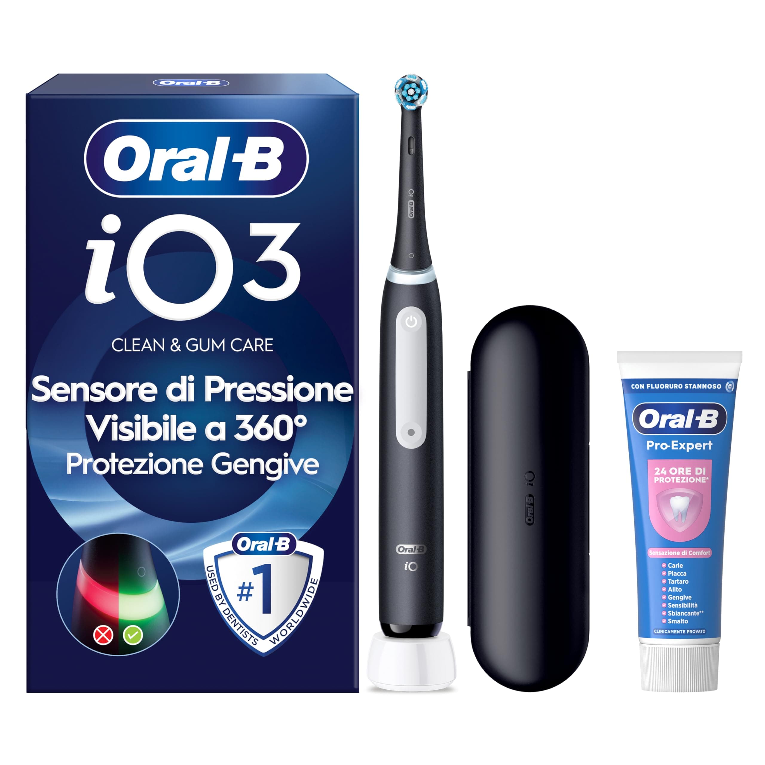 Oral-B iO 3 Spazzolino Elettrico, 1 Testina di Ricambio, Custodia, Nero - 1 Testine di Ricambio per Spazzolino Elettrico, Ricaricabile, Custodia da Viaggio + Dentifricio Oral-B Pro-Expert Sensibilità