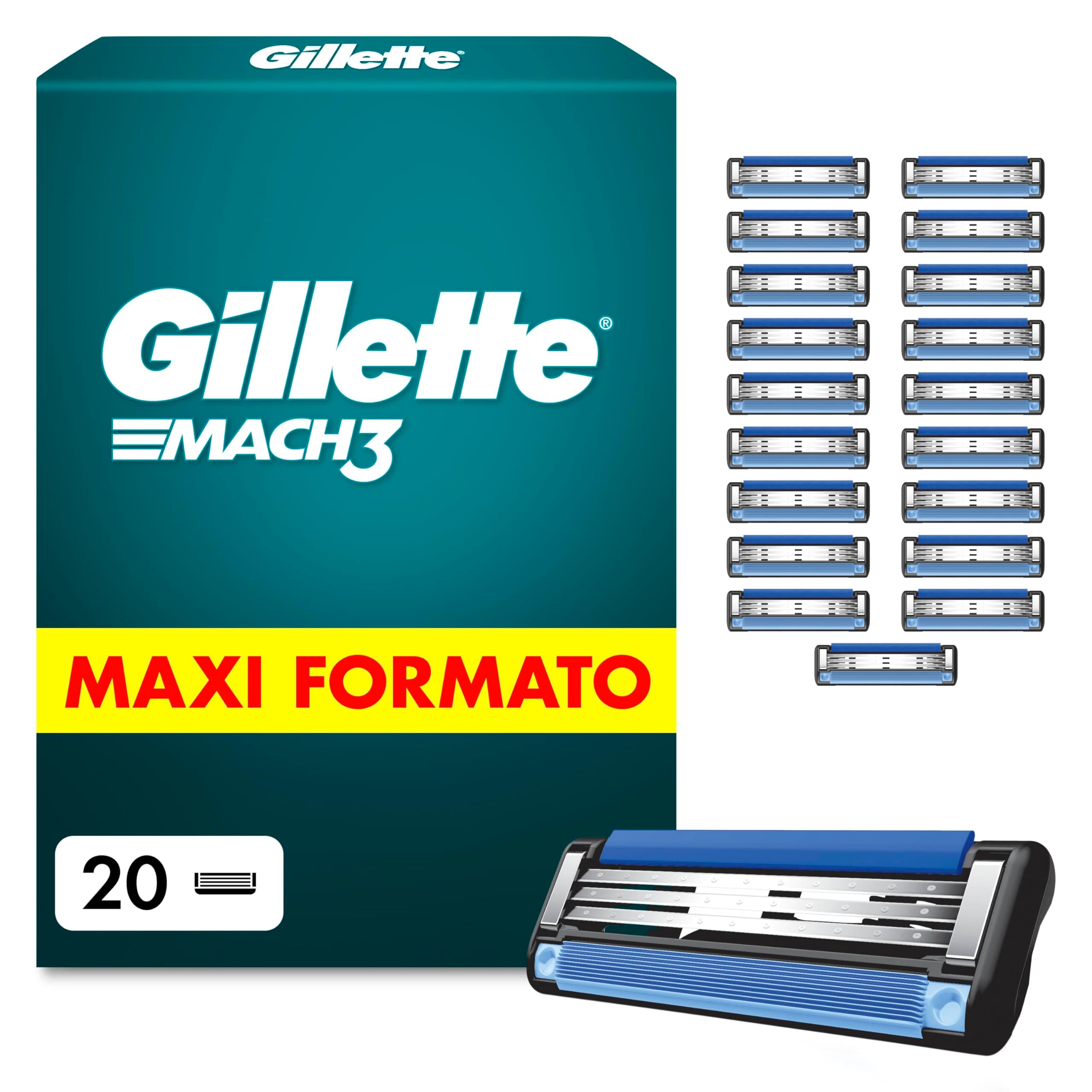 Gillette Lamette Mach 3, 20 Cartucce per Rasoio Barba Uomo, Multicolore | 20 Lamette Uomo di Ricambio per Rasoio Barba Manuale, Striscia Lubrificante e 3 Lame per Rasatura Profonda e Duratura