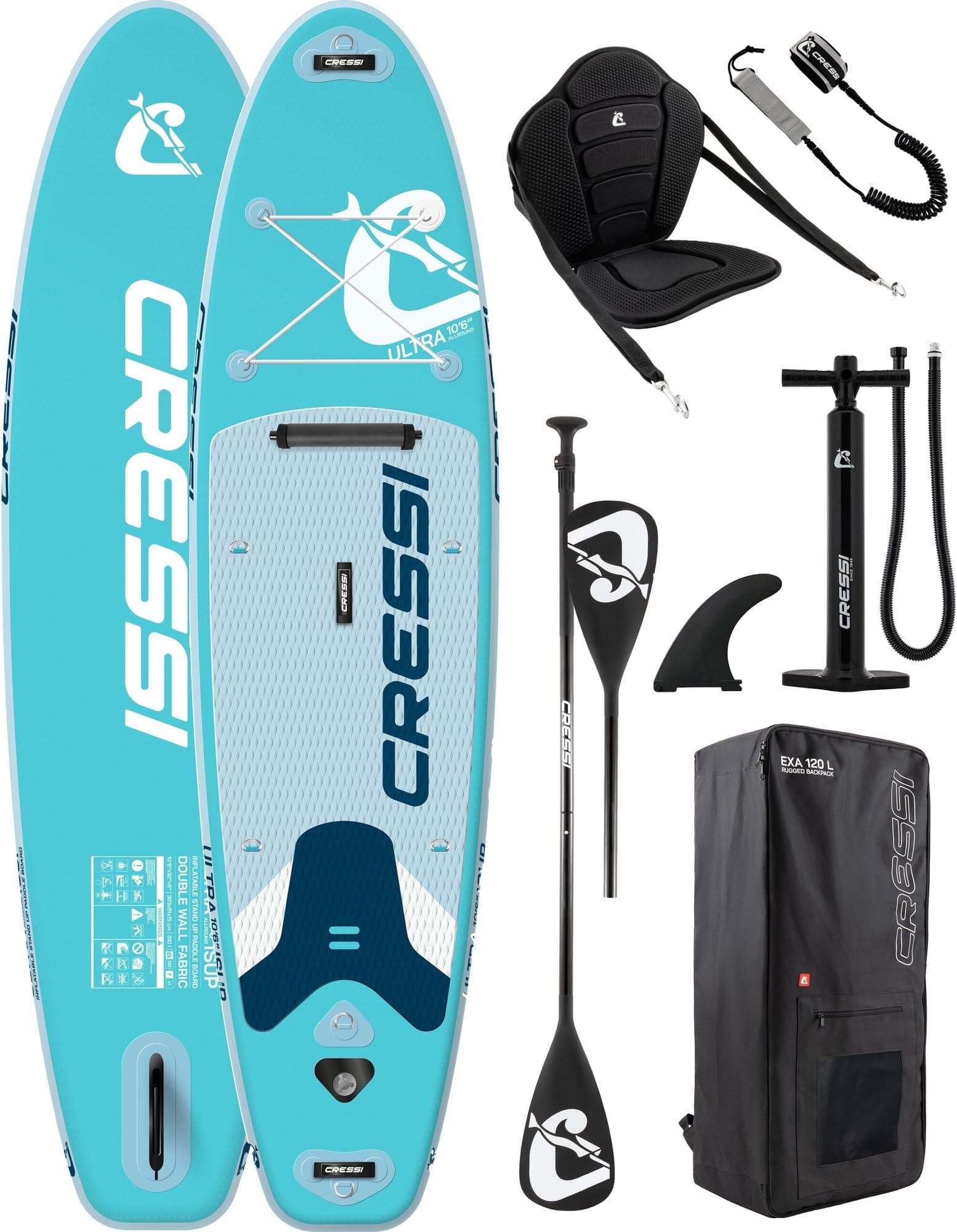 CRESSI Desde 1946 - Ultra Isup/Kayak Set - Tabla de Sup Hinchable para Adultos Muy Estable y Resistente Incluye Accesorios Remo Aleta Inflador Leash y Bolsa - 320x81x8 cm MAX 130 kg