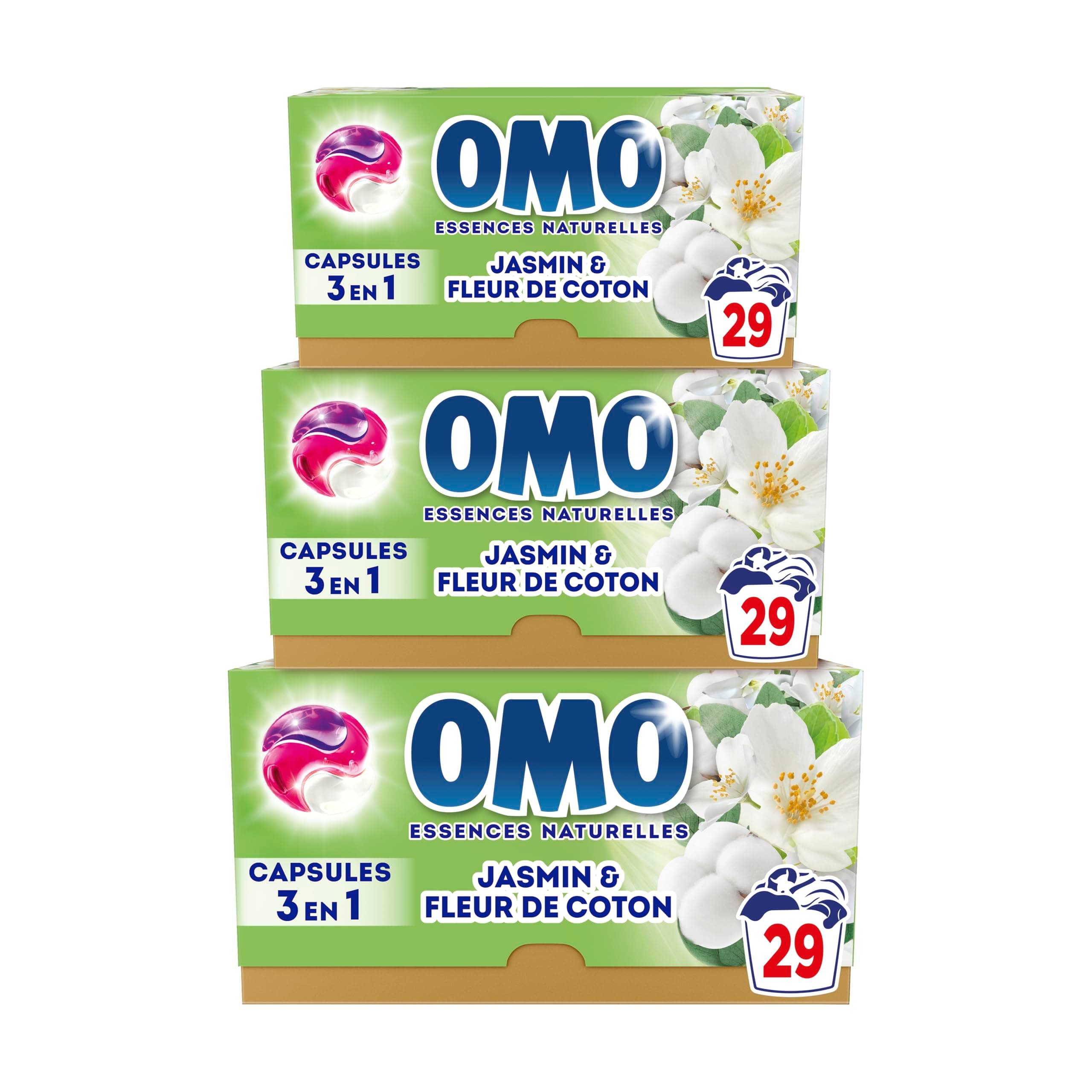 OMO - Lessive liquide en capsules 3 en 1 Prendre l'air - 87 lavages - Jasmin et Fleurs de Coton - propreté éclatante & parfum longue durée aux essences naturelles (lot de 3x29)