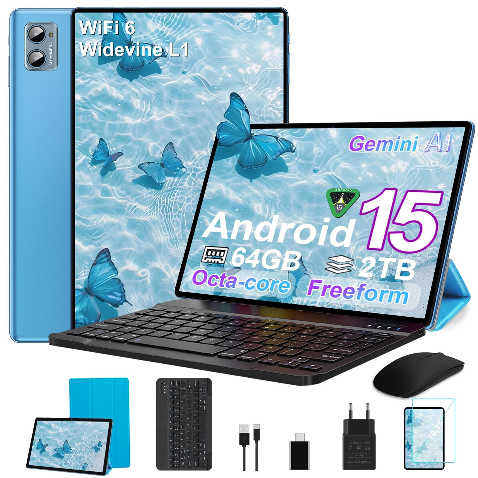 SUAAT Tablet 2026 10 pollici Android 15 Octa Core Tablet con 64 GB ROM + 2 TB TF | 5G + 2,4G WiFi |GMS | Bluetooth 5.0 | 8MP + 5MP | Tipo C, tablet touchscreen con custodia, tastiera e mouse blu