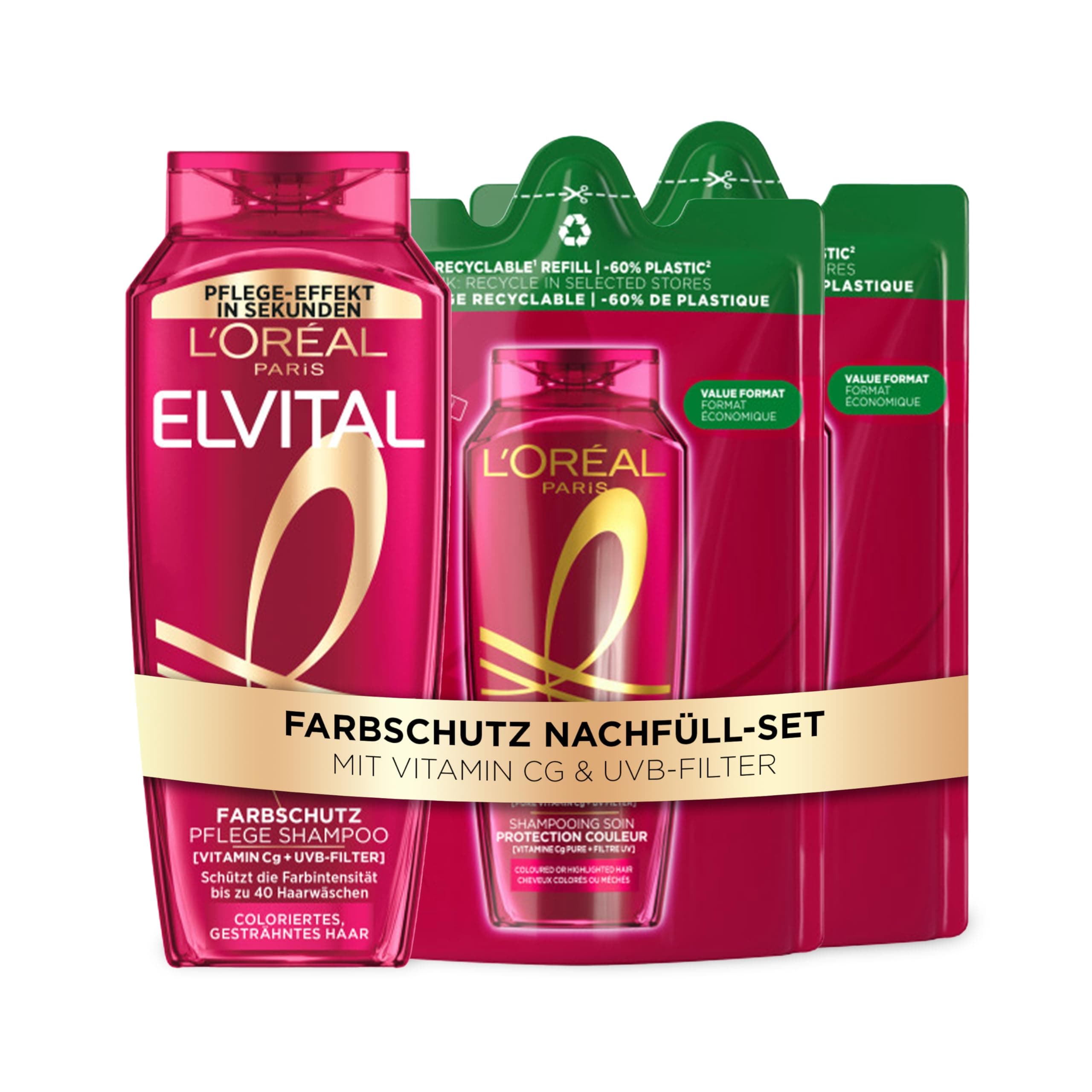 L'Oréal Paris Color Glanz Farbschutz Shampoo Nachfüllset, Vorteilspack mit 1 Standardflasche (1x300ml) und 2 Nachfüllpacks mit -60% weniger Plastik (2x200ml), für coloriertes Haar, mit UVA-/UVB Filter
