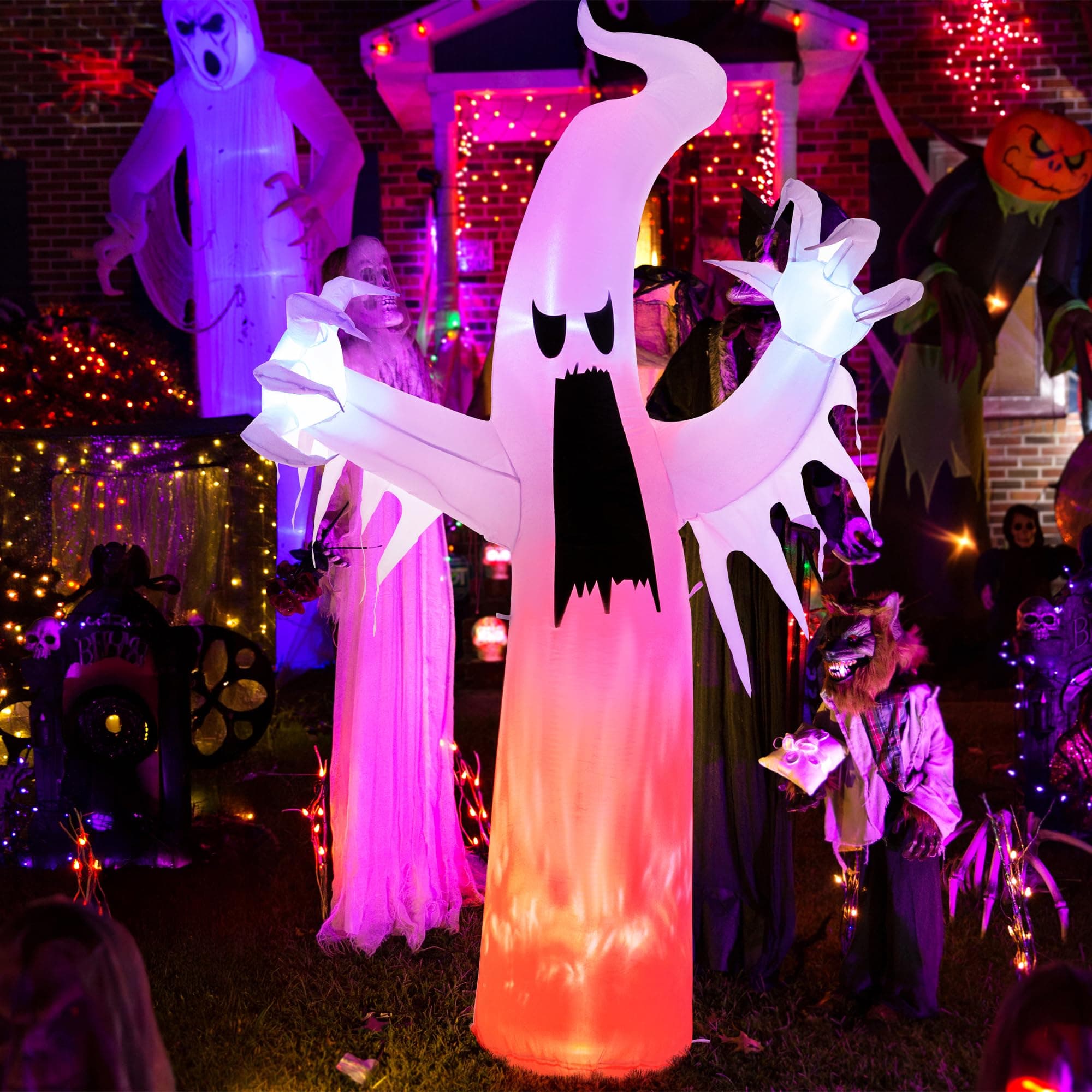 Solpex Décoration d'halloween Gonflable fantôme 240 cm Auto-Gonflable avec LED Effet Flamme, Ballon fantôme Effrayant pour Halloween, fête, Jardin, pelouse, Cour, décoration