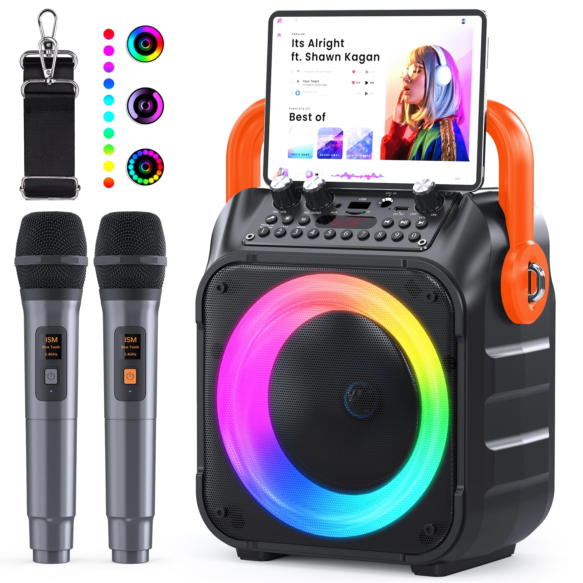 Ankuka Karaoke con Microfono Karaoke Professionale Completo Karaoke per Adulti con 2 Microfoni Wireless Cassa Bluetooth Potatile con PA Sistema, Supporta Bluetooth/TF/USB/AUX/FM/TWS(Arancione)