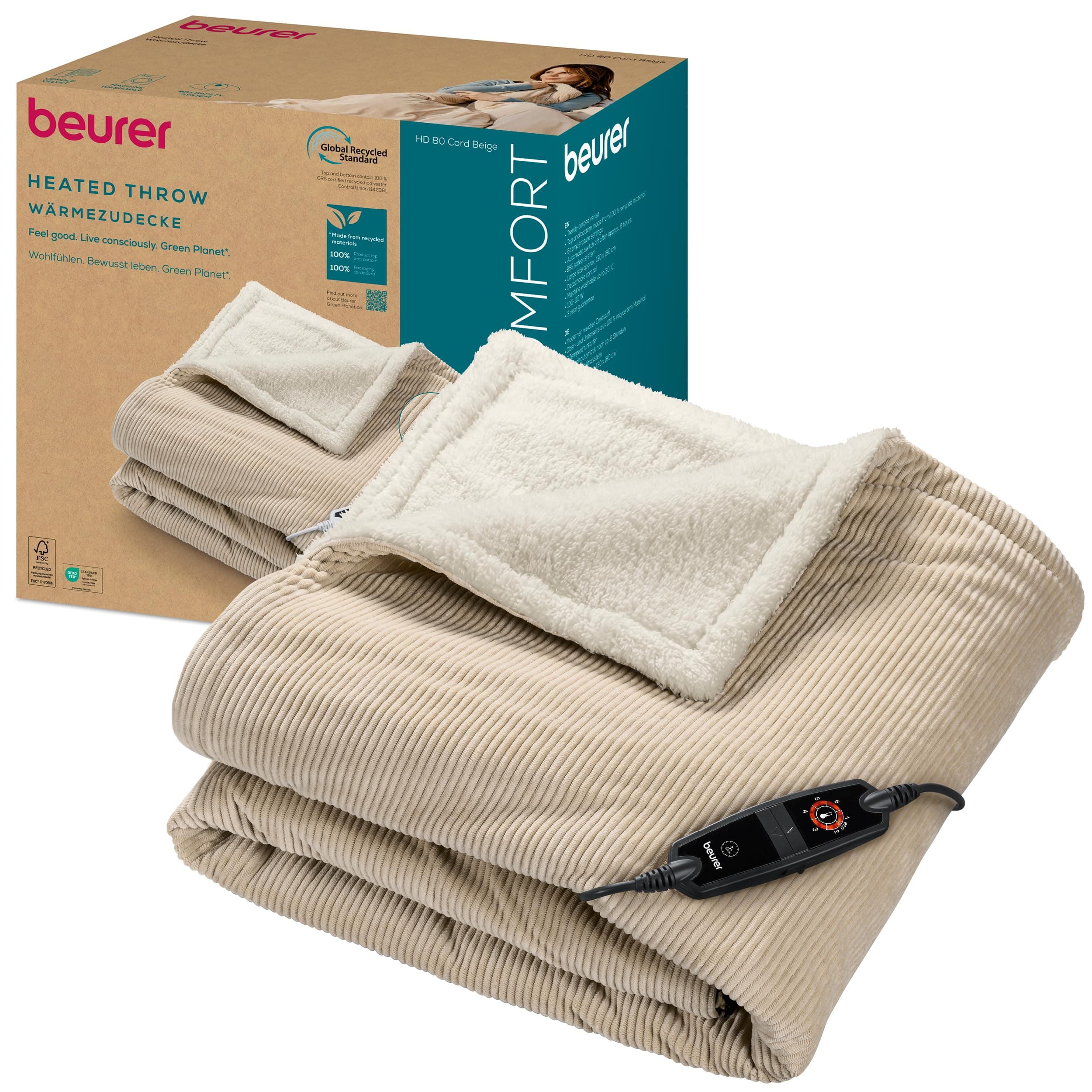 Beurer HD 80 Couverture chauffante, Velours côtelé Doux, Beige, 180x130 cm | Couverture chauffante en velours côtelé doux, en matériau recyclé, 6 réglage de la température, système de sécurité