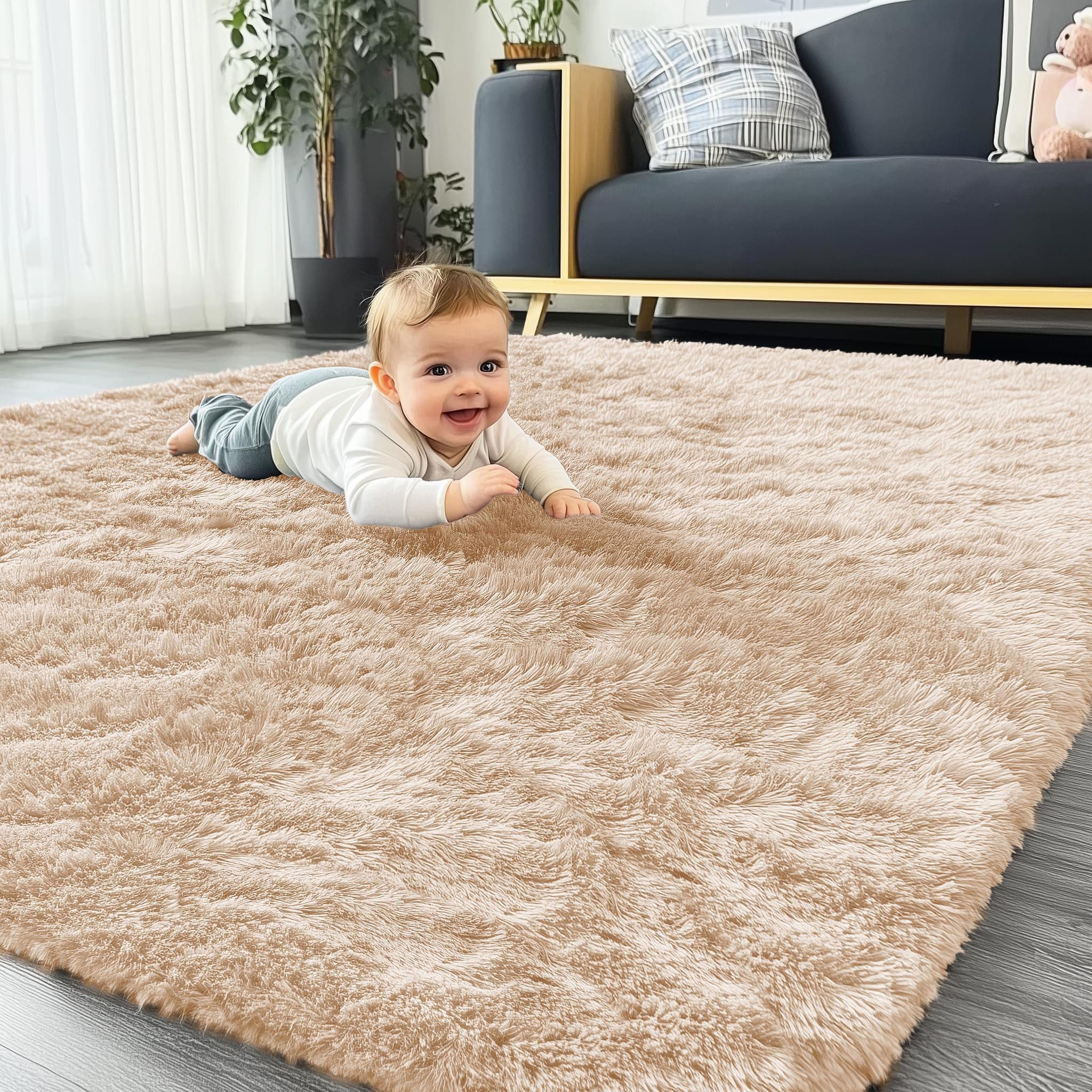 Homaxy Tapis à poils longs, doux, avec fond antidérapant, lavable, grand, pour salon, chambre d'enfant, chambre à coucher, 300 x 400 cm, beige