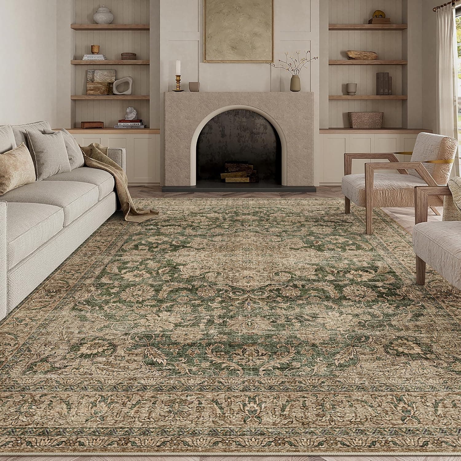 HUGEAR Vert Vintage Tapis Salon 300x400cm Lavable en Machine Antidérapant Grand Carpet Descente de Lit Chambre Adulte Salle a Manger Cuisine Bureau Doux Poil Ras Carpette