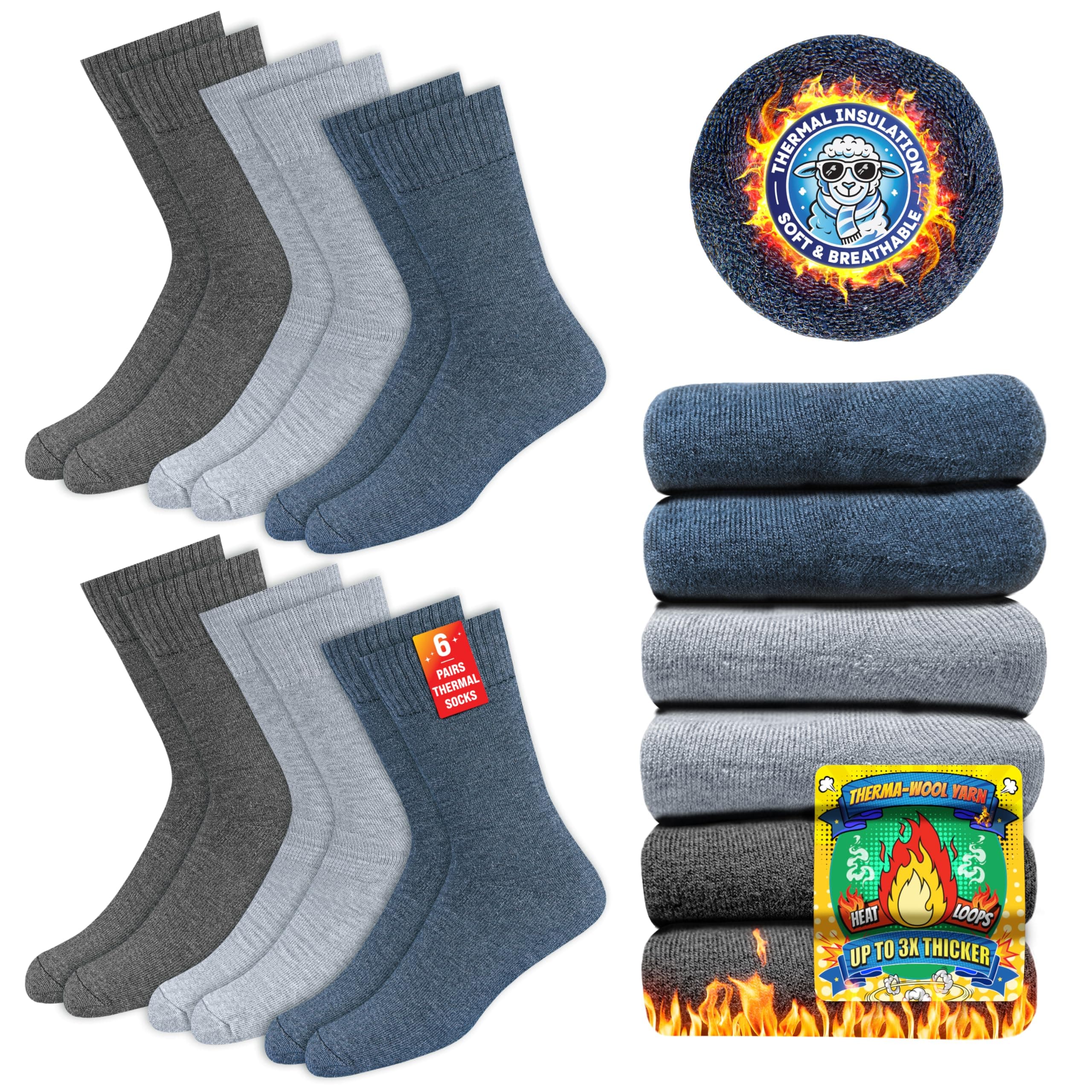 SOXCO Chaussettes Chaudes pour Hommes et Femmes - Chaussettes d’Hiver Thermiques, Lot de 6 Paires