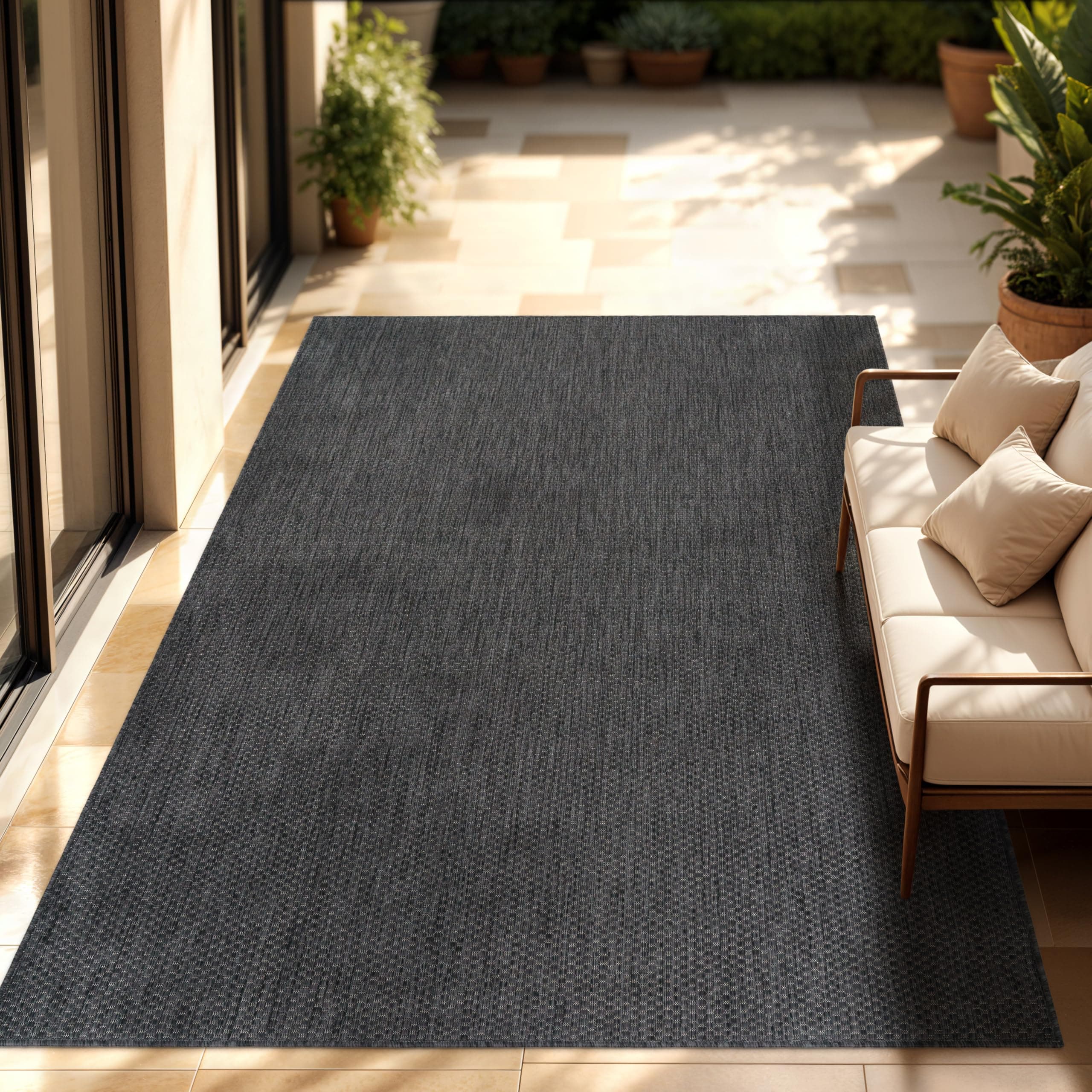 Paco Home Outdoor Teppich Flachgewebe Sisaloptik Modern Einfarbig meliert wetterfest & pflegeleicht Küchenteppich Ideal für Terrasse Balkon Garten, Grösse:120x160 cm, Farbe:Anthrazit