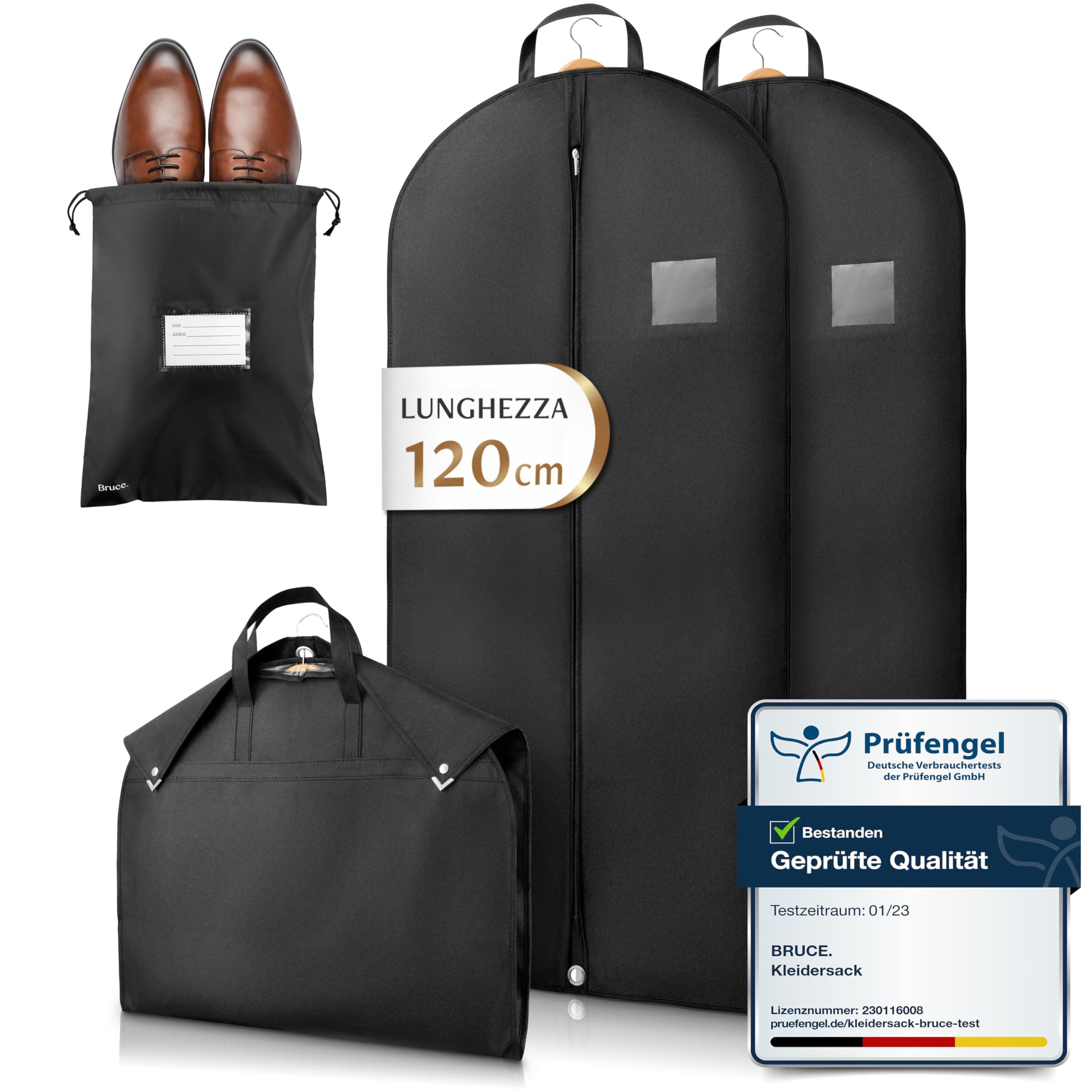 Bruce.® 2x Borsa Porta Abiti da Viaggio 120 x 60cm inkl 1x Sacchetto per Scarpe, Custodia Abiti con Cerniera Antitarme, Copriabiti da Armadio Antipolvere 120 GSM, Porta Abito da Viaggio Uomo e Donna