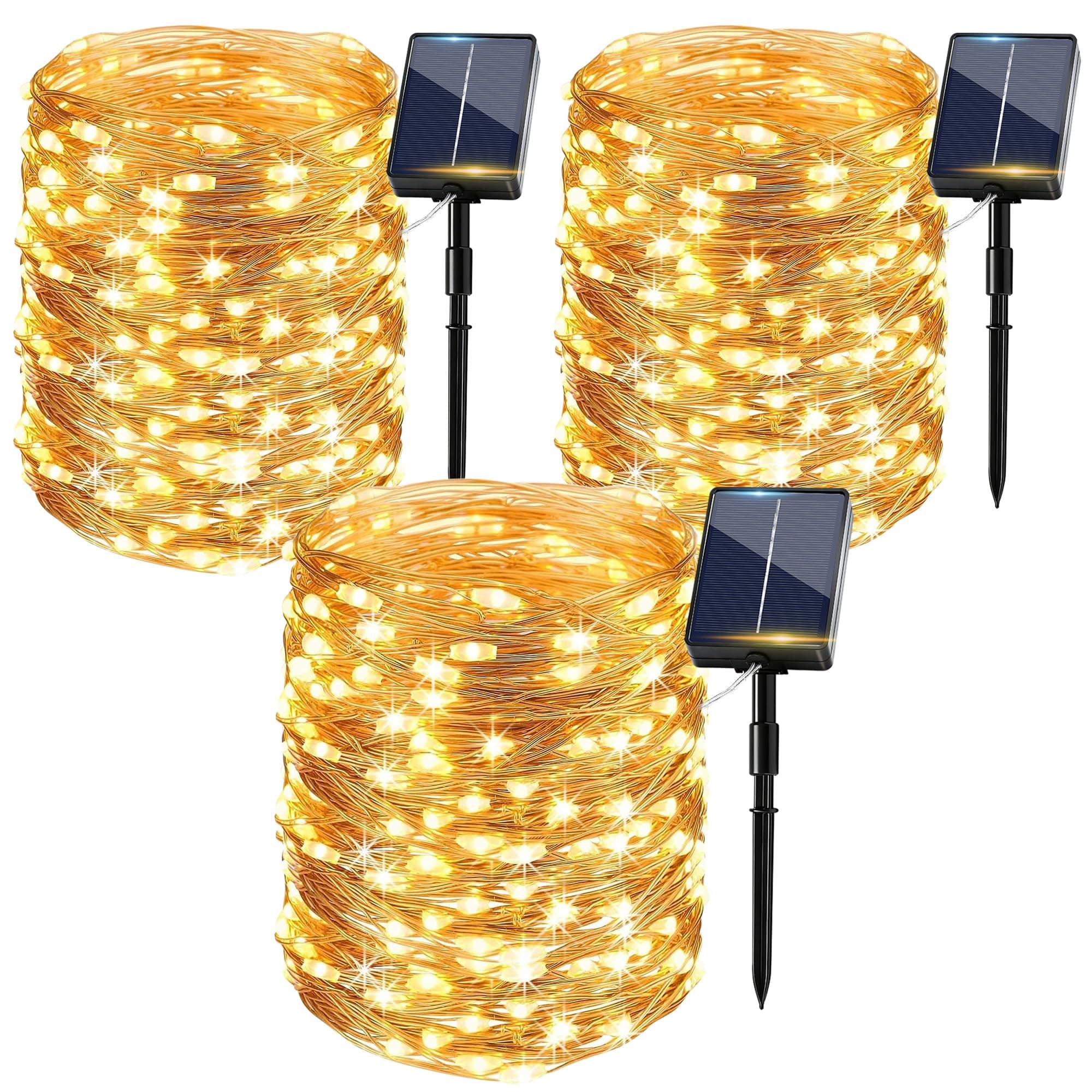 Luci Solari Esterno 3 Pacchi, 15+2M 150LED Catena Luminosa Esterno Solare IP65 Impermeabili 8 Modalità Bianco Caldo Filo di Rame, Luci Solari da Giardino Decorative Per Albero Patio Terrazze Balcone