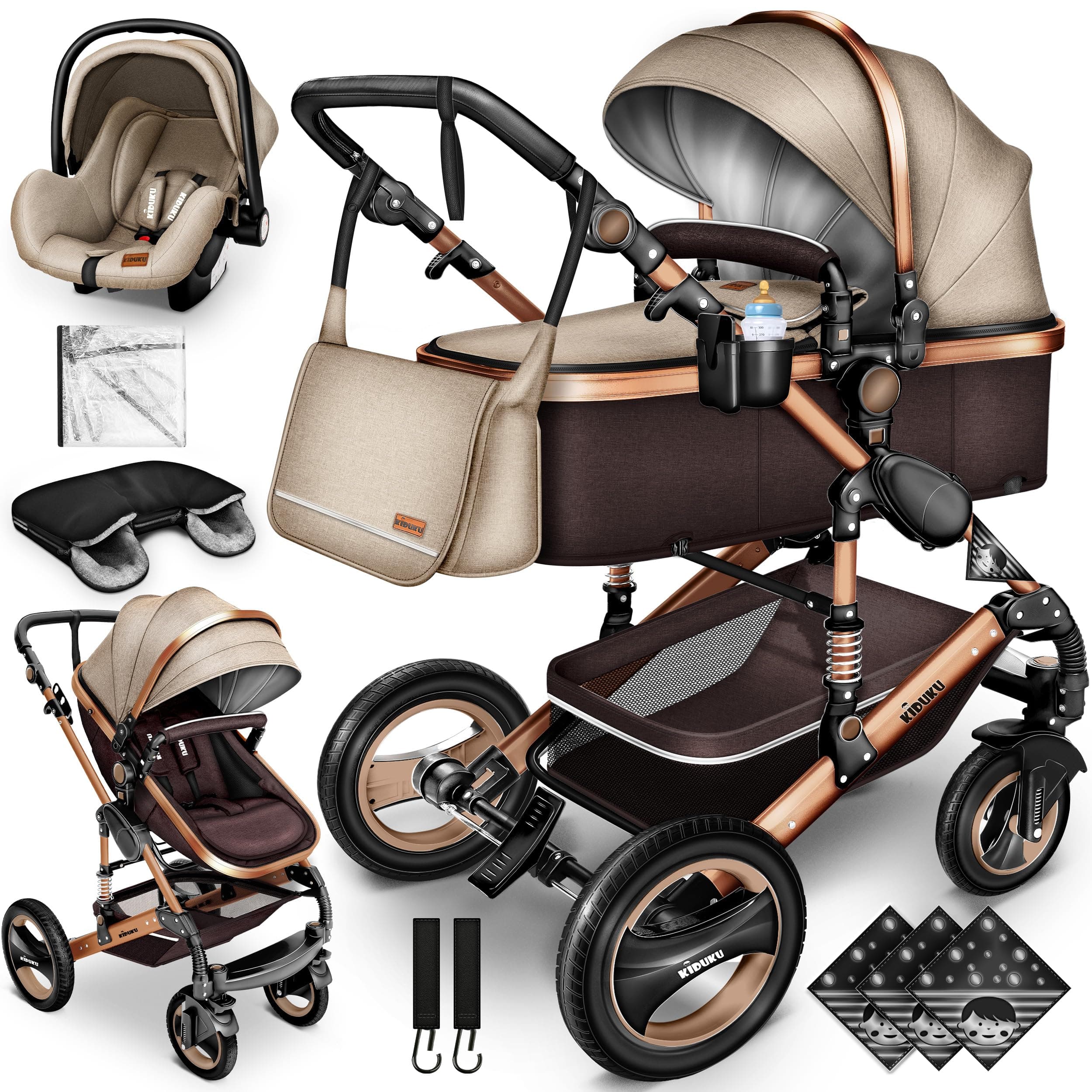 KIDUKU® 3 in 1 Passeggino Completo Trio | Passeggino Sistema Combinato con Navicella Ovetto Seggiolino Auto Coprigambe | Pneumatici in Gomma Dura Borsa Fasciatoio Tavolo per Bambini ECE R129