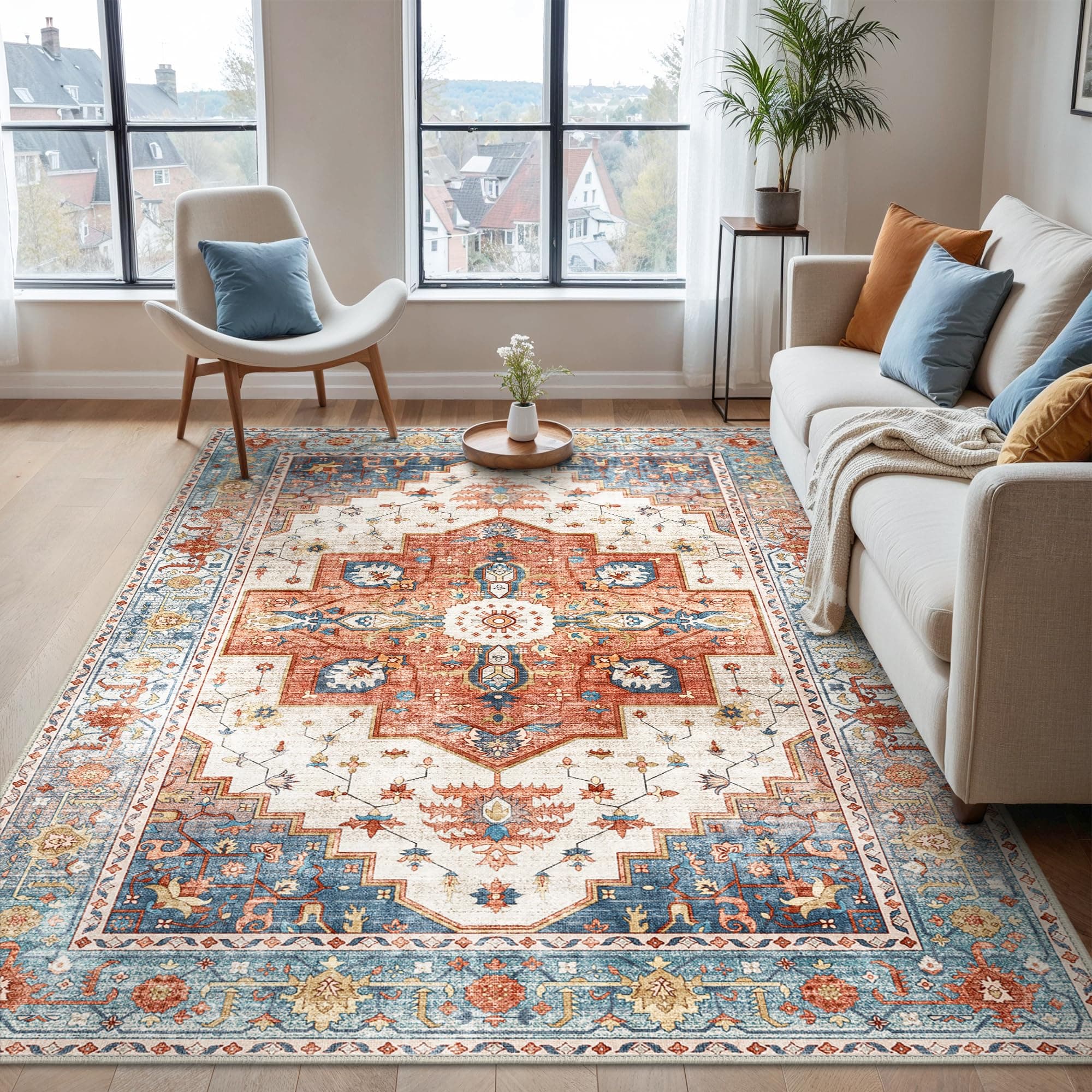 BEIMO Tappeto Salotto Pelo Corto Vintage, Tappeto Camera Da Letto, Tappeti Antiscivolo Lavabile, Tappeti Persiano per Cameretta, Soggiorno, Sala, Scendiletto, Rosso-Arancio, 120x170cm