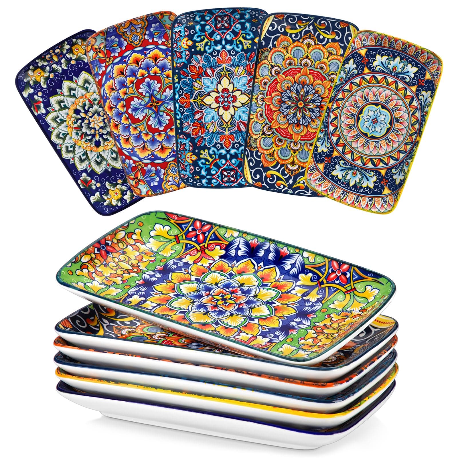 vancasso SIMI Lot de 6 Assiettes Rectangulaires en Porcelaine - 24,7 x 14,2 cm Assiettes Plates pour Entrées, Sushis, Salades et Desserts, Adaptés au Lave-vaisselle et au Micro-ondes, Style Bohème