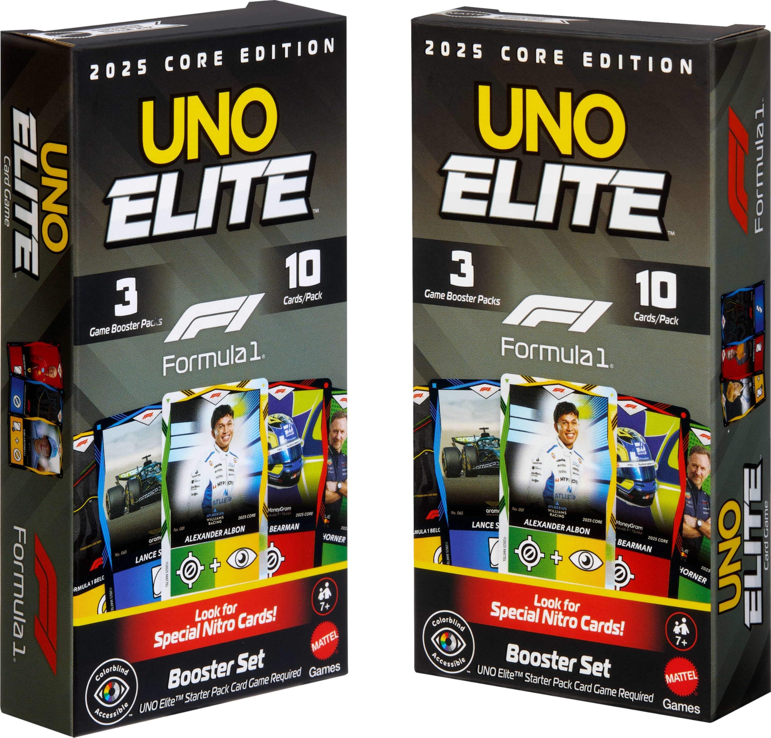 Mattel Games UNO Elite Fórmula 1 Edición Principal 2025, Pack de 2 Conjuntos de propulsores con 60 Tarjetas Especiales Elite, JLV45
