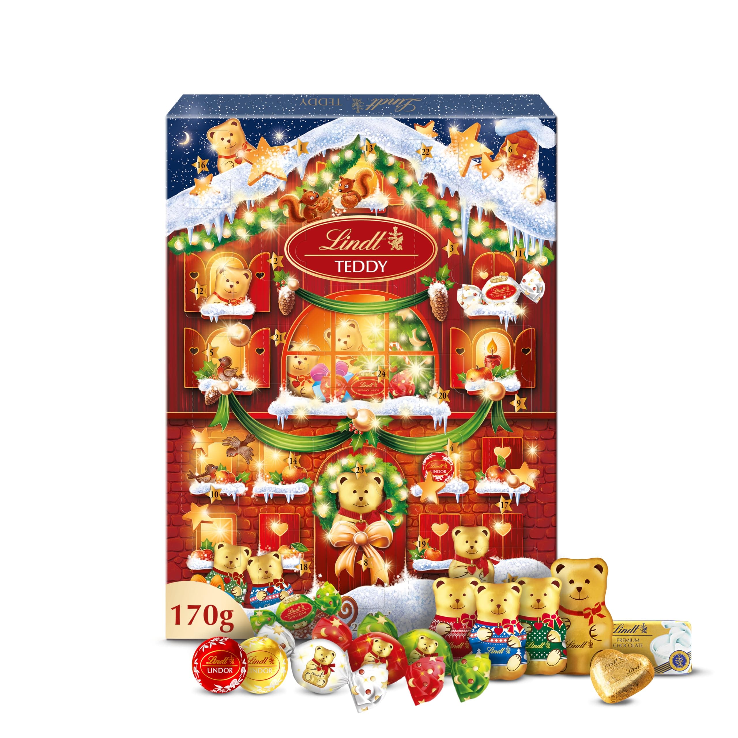 Lindt - Calendrier de l'Avent TEDDY Réalité Augmentée - Assortiment de Chocolats au Lait et Blancs - Idéal pour Noël, 170g
