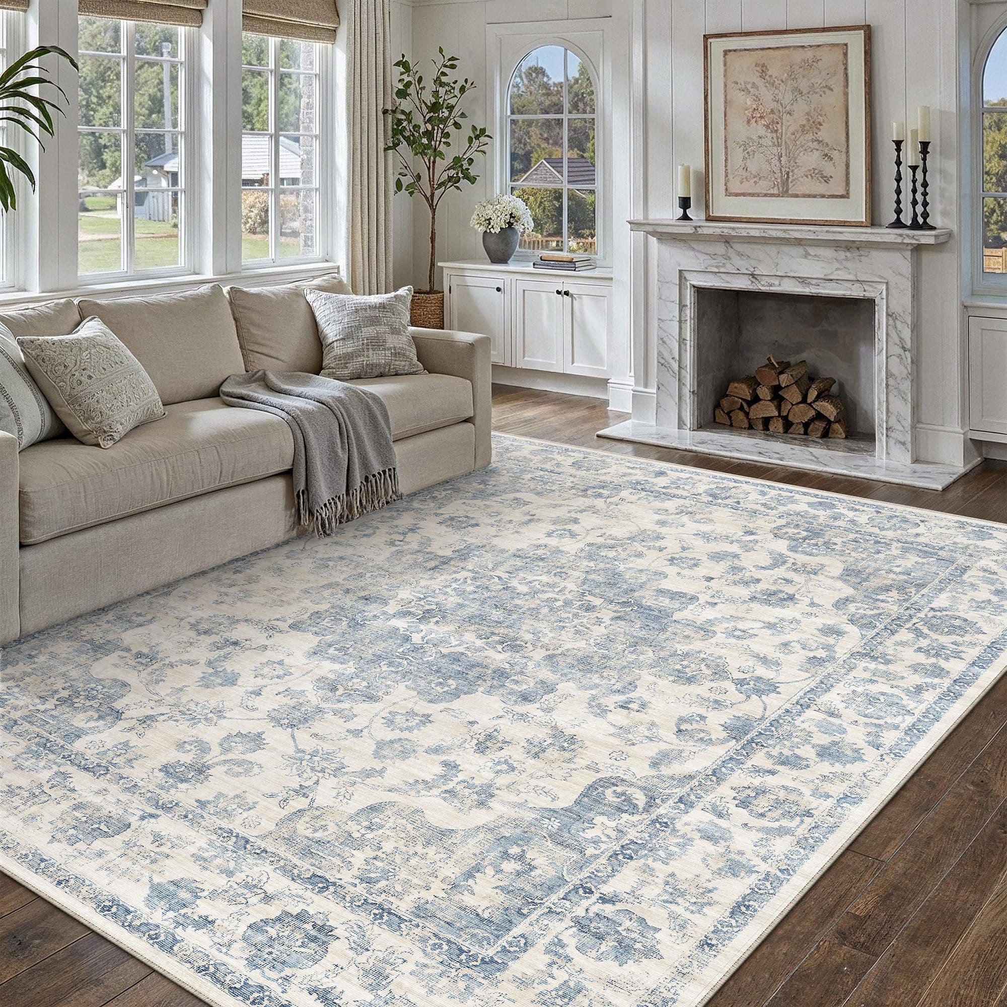 HUGEAR Azul Vintage Alfombras Salon 200x300cm Antideslizante Lavable Lavadora Grande Tapetes Comedor Recibidor Habitacion Juvenil Cocina Exterior Pelo Corto Rug Carpet