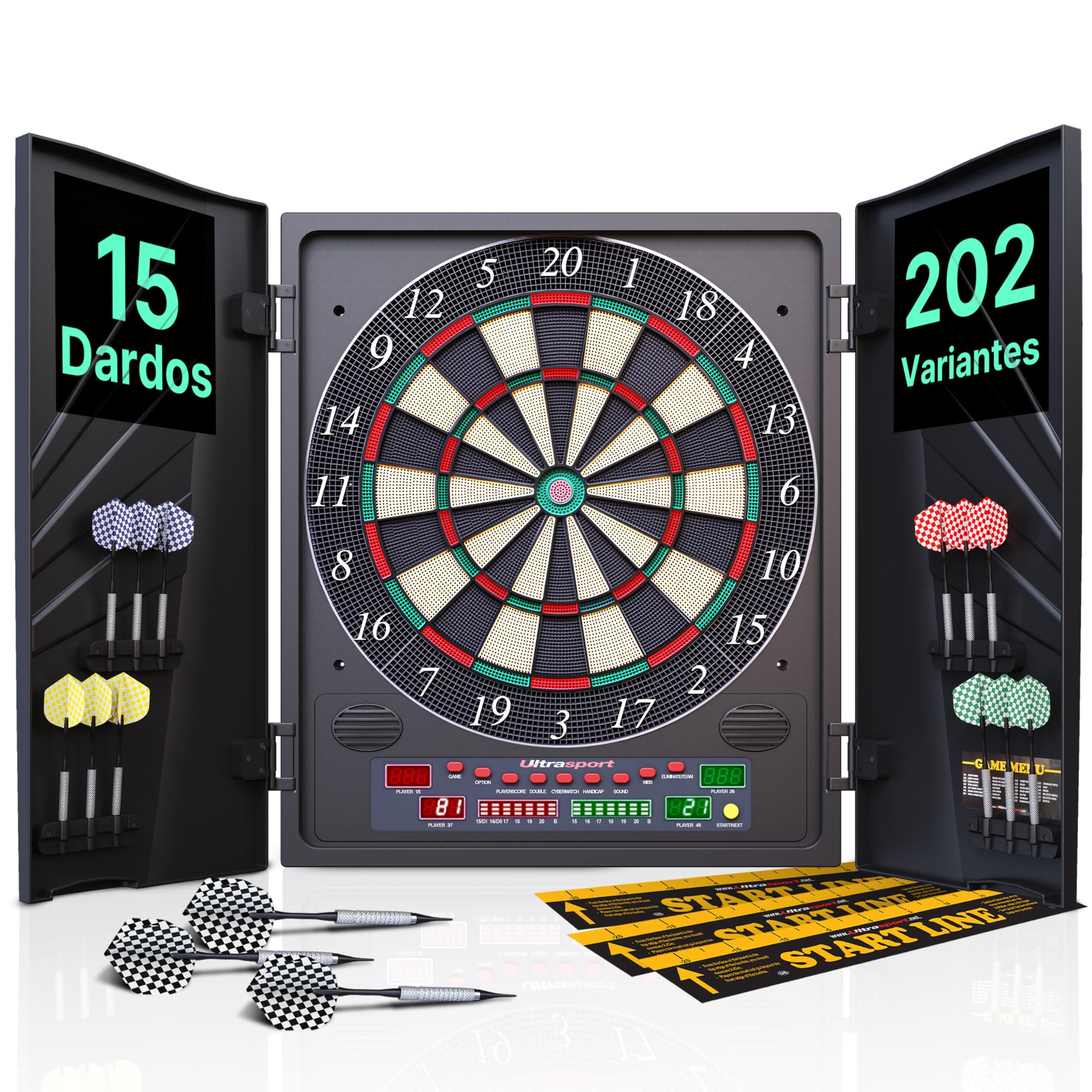 Ultrasport Diana eléctrica, con y sin Puertas, máquina de Dardos para hasta 16 Jugadores, Incluye línea de Tiro, 12 Dardos y 100 Puntas Blandas, Adecuada para Fiestas y Noches de Juego