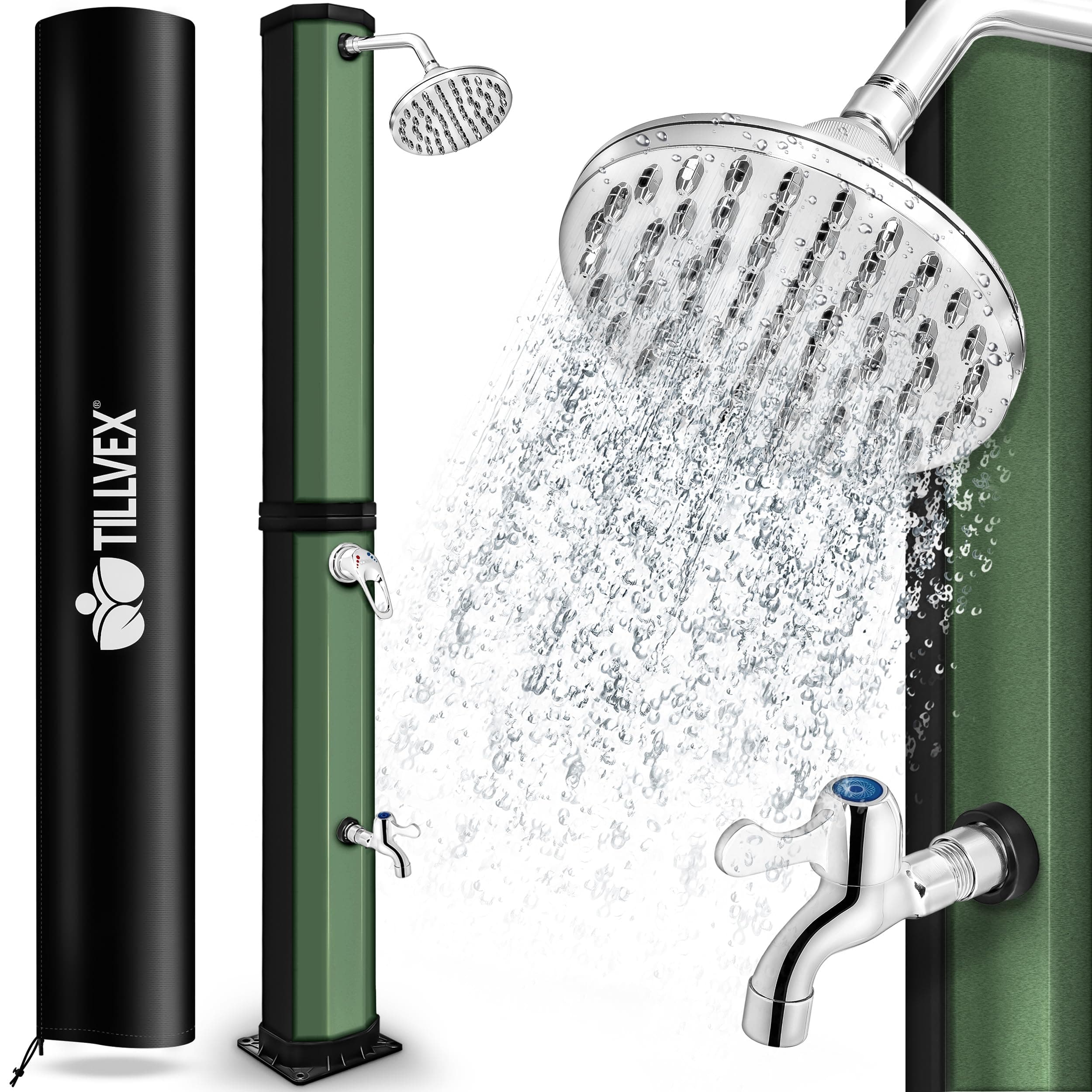 tillvex Douche Solaire avec Capot de Protection | Douche de Jardin Eau Chaude | Douche de Piscine Camping | sans raccordement électrique (Noir/Vert, 35 litres)