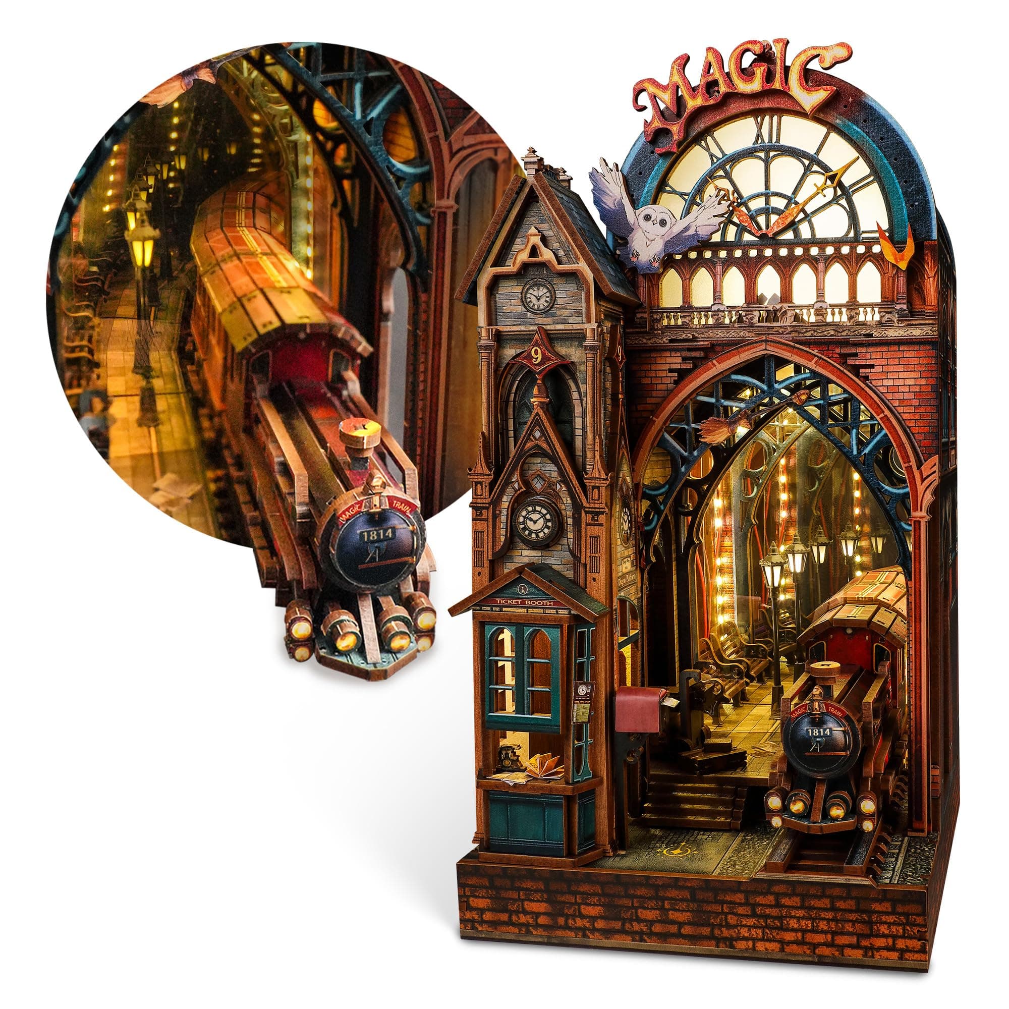 FUNPOLA Puzzle 3D LED Magic Station Book Nook – Miniatura mágica interactiva con Espacio de expansión Infinito, Inserto DIY para estantería, decoración y Regalo Creativo (Estación Mágica)