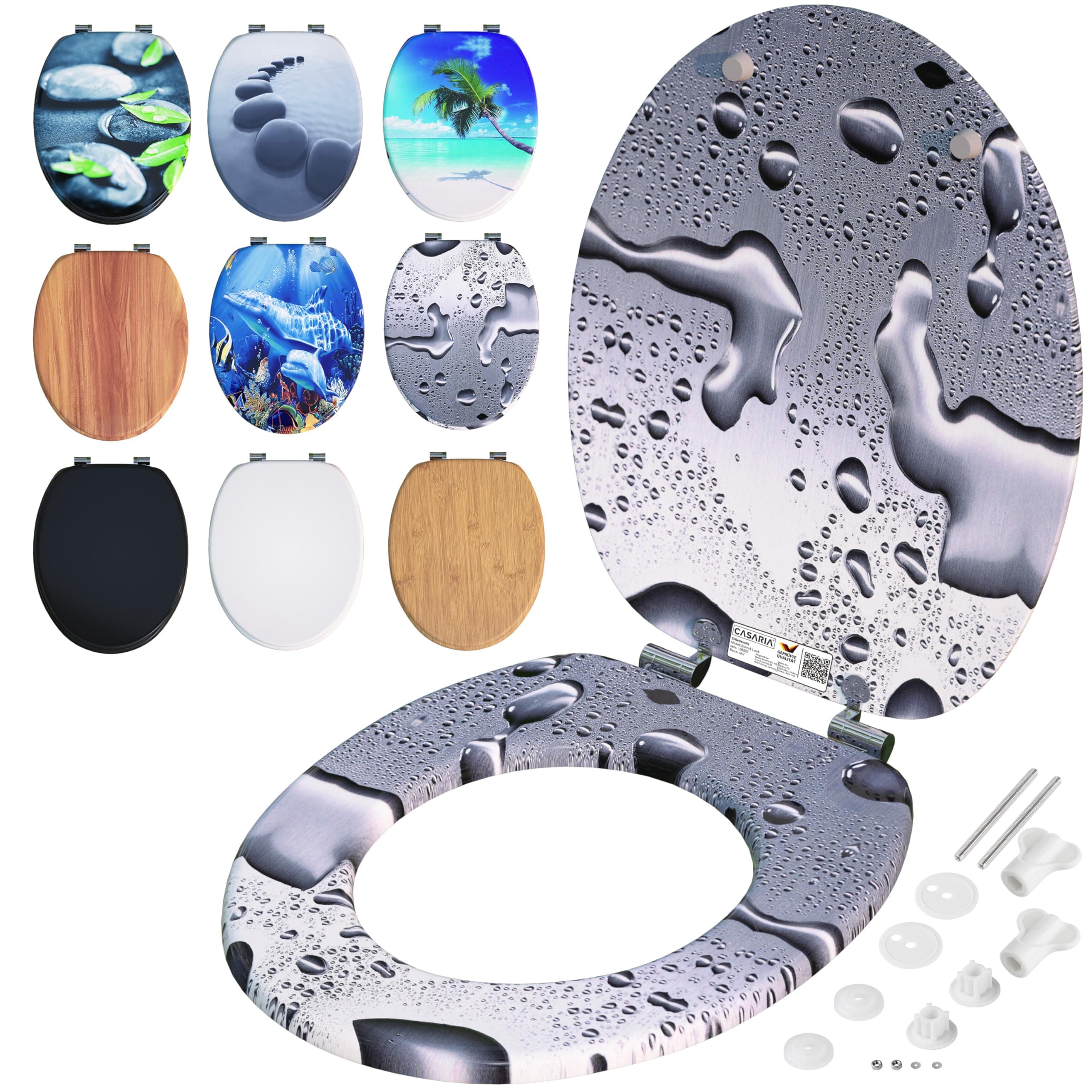 CASARIA® Toilettendeckel mit doppelter Absenkautomatik MDF rostfreie Metall Scharniere WC Sitz 175kg Belastbar Antibakteriell Toilettensitz Waterdrops