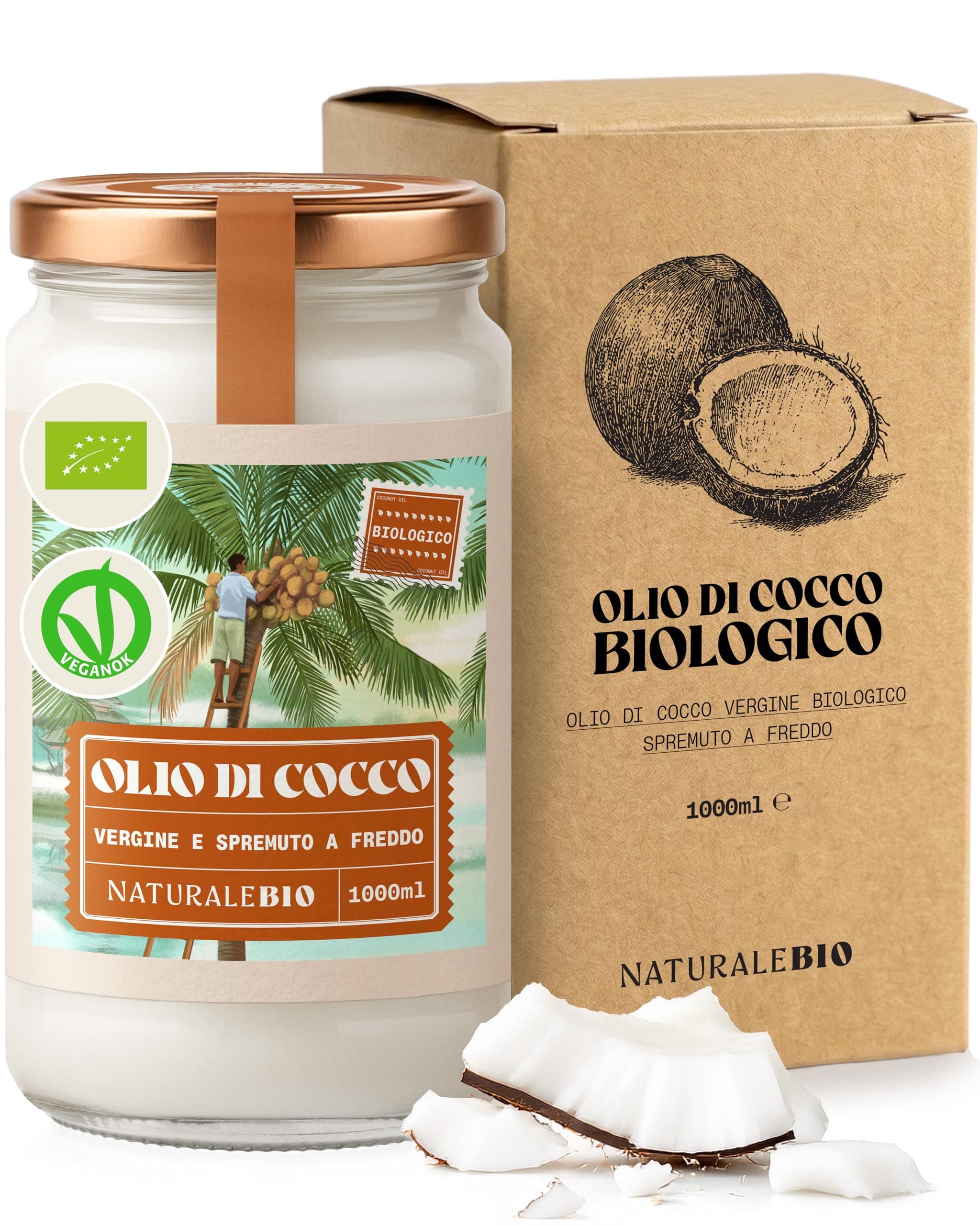 NaturaleBio Olio di Cocco Biologico Vergine 1000 ml. Crudo e Spremuto a Freddo. Organico e Naturale. Bio Nativo e non Raffinato. Origine Sri Lanka.