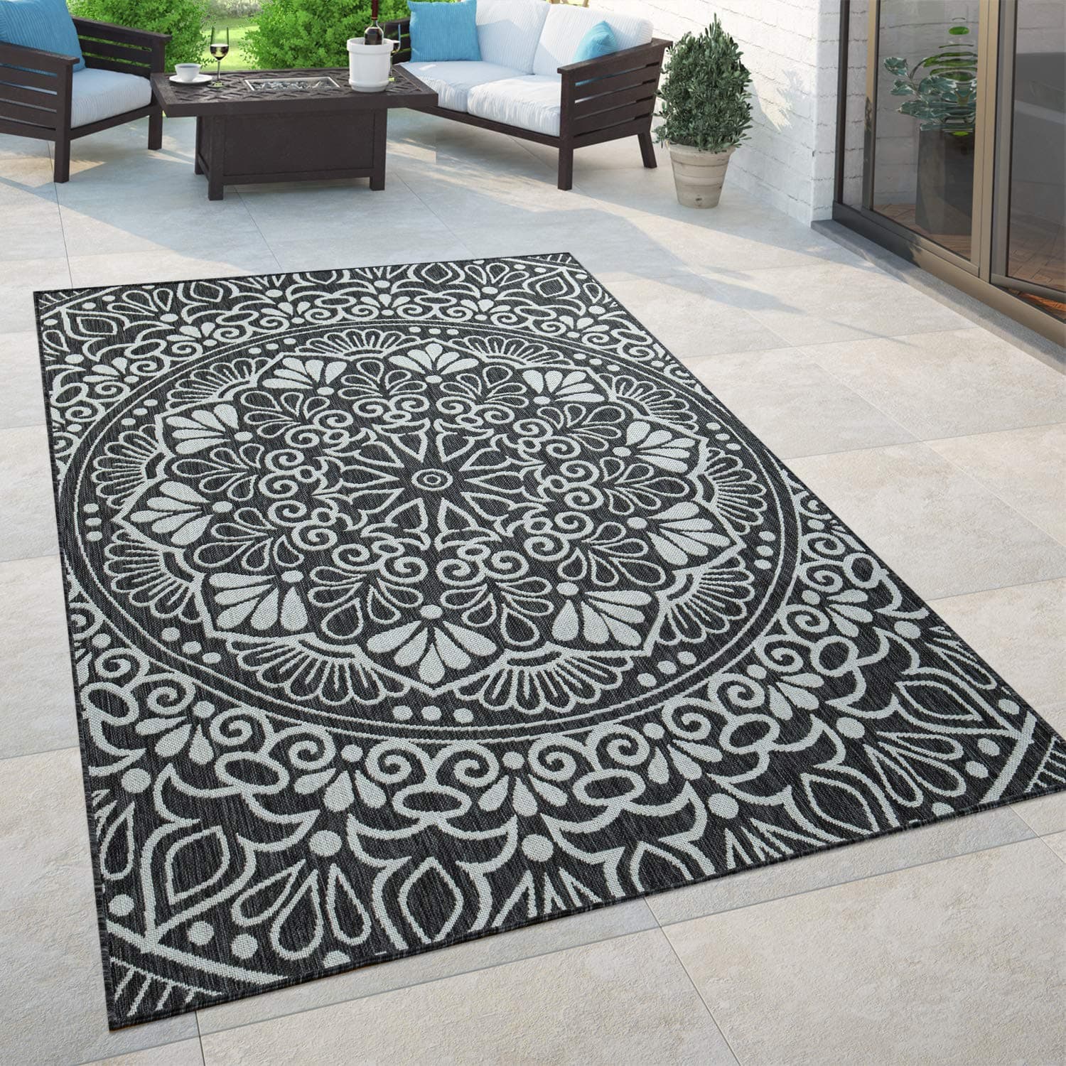 Paco Home In- & Outdoor Teppich Balkon Terrasse Vintage Orientalisches Muster Ornamente, Grösse:80x200 cm, Farbe:Schwarz