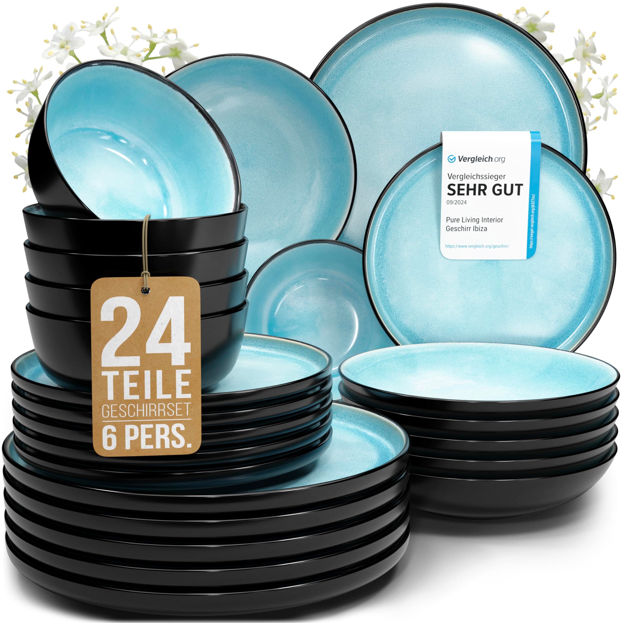 Steingut Geschirrset 6 Personen Ibiza 24 tlg. TESTSIEGER, Traumhaftes Mediterranes Steingut Geschirr Set, Schüssel- und Teller Set, Tafelservice 6 Personen, Geschirrsets Pure Living in Türkis