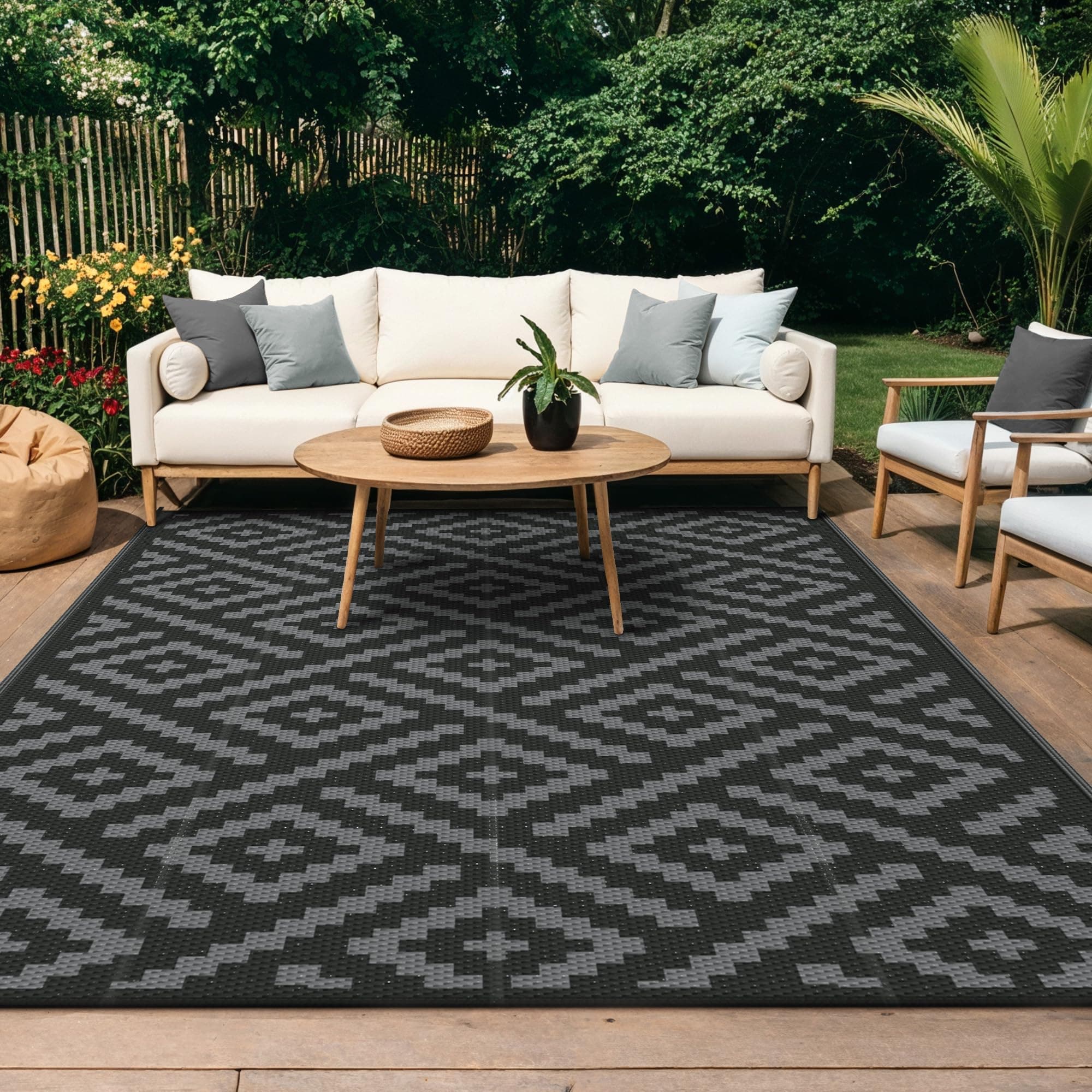 GENIMO Tapis Exterieur Resistant Pluie Terrasse, Reversible Résistant aux UV Tapis Extérieur, Couverture de Pique-Nique Portable pour Jardin, Balcon, Camping, Barbecue, 150x240cm, Noir & Gris