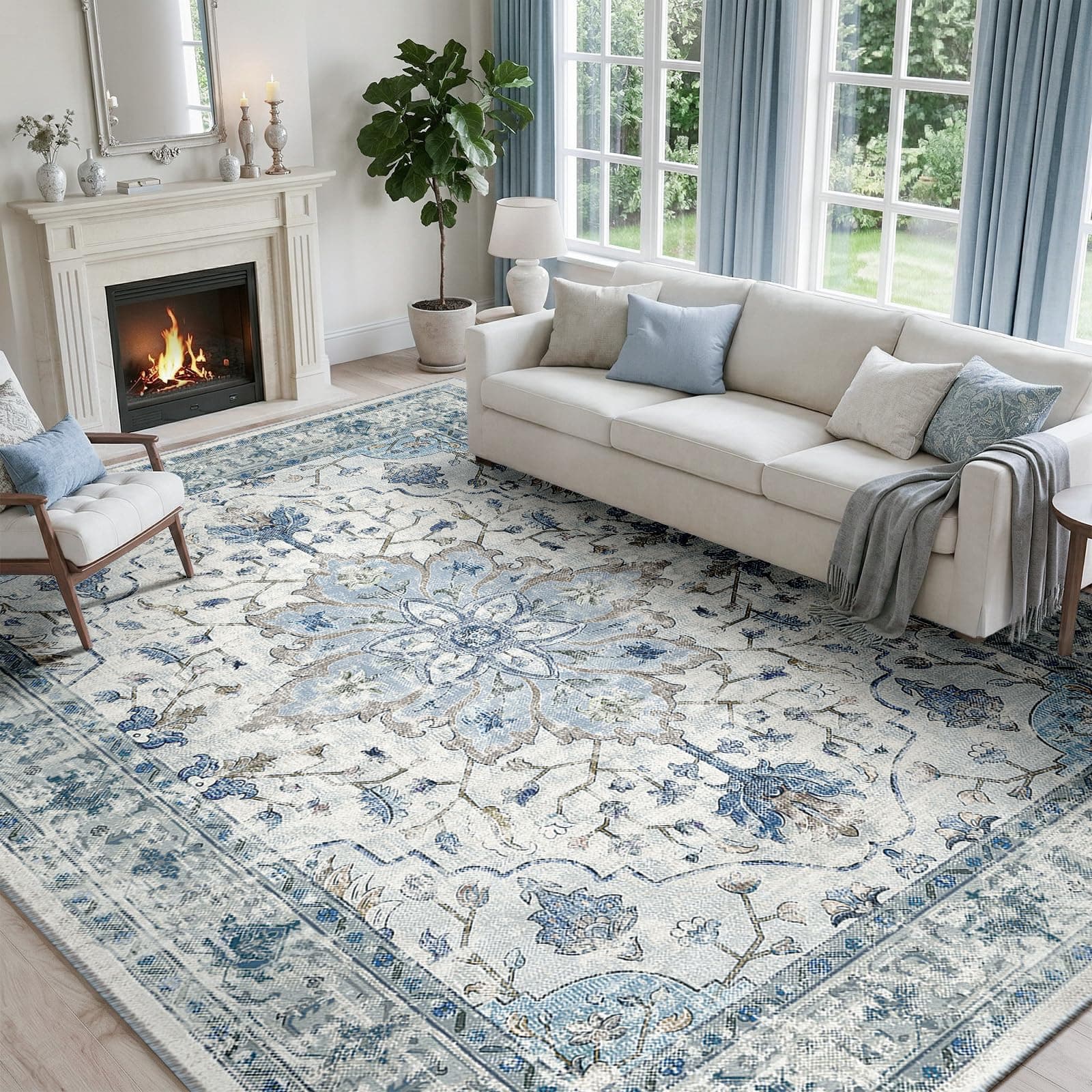 INOVADAY Tapis de Salon Lavable en Machine 200x300 cm Vintage à Faible Poil Antidérapant avec Motif Imprimé Tapis Chambre pour la Chambre à Coucher, Le Bureau à Domicile, Bleu/Gris