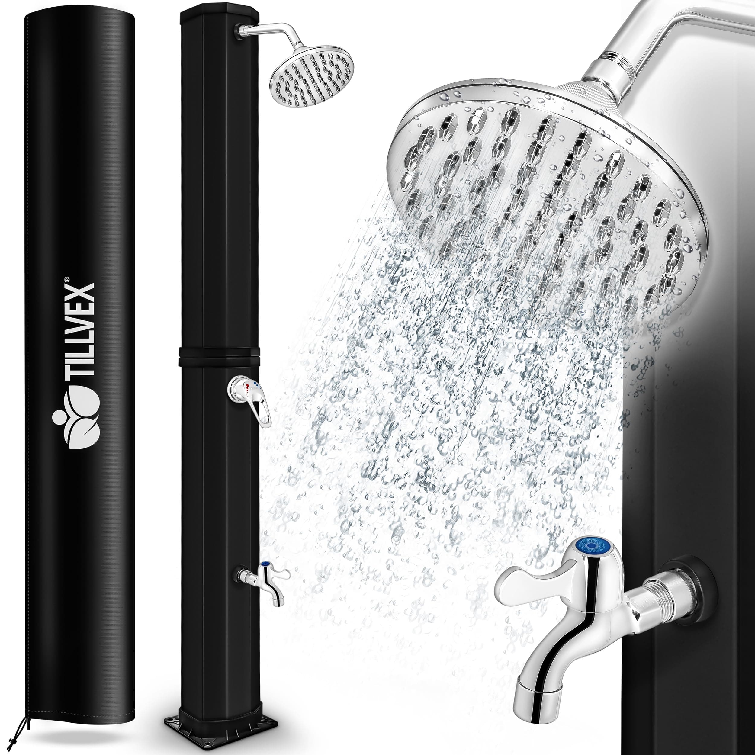 tillvex Douche Solaire avec Capot de Protection | Douche de Jardin Eau Chaude | Douche de Piscine Camping | sans raccordement électrique (Noir, 60 litres)