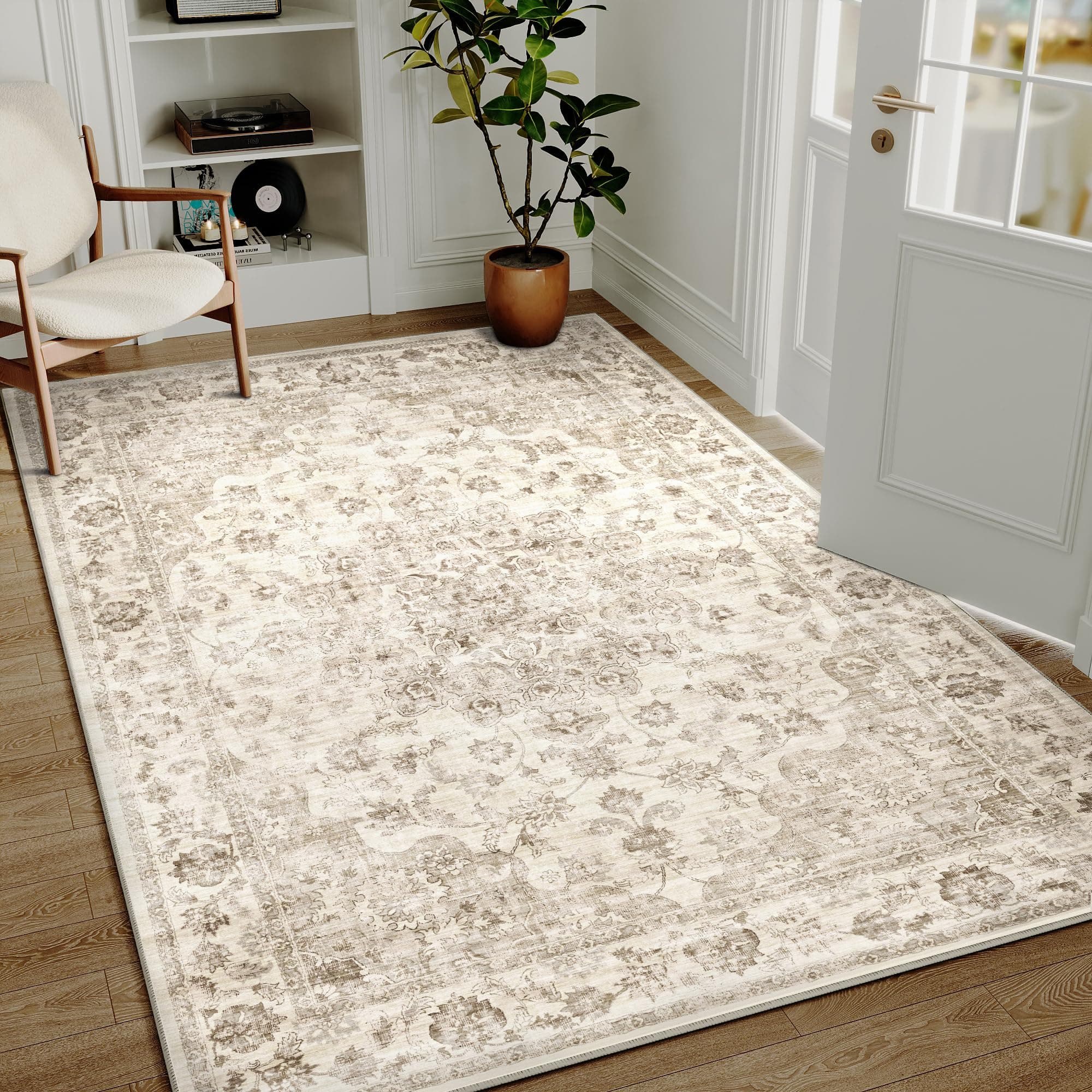 HUGEAR Beige Vintage Grand Tapis Salon Antidérapant Lavable en Machine 140x200cm Chambre Adulte Exterieur Interieur Salle a Manger Bureau Cuisine Poil Ras Decoration Chambrel