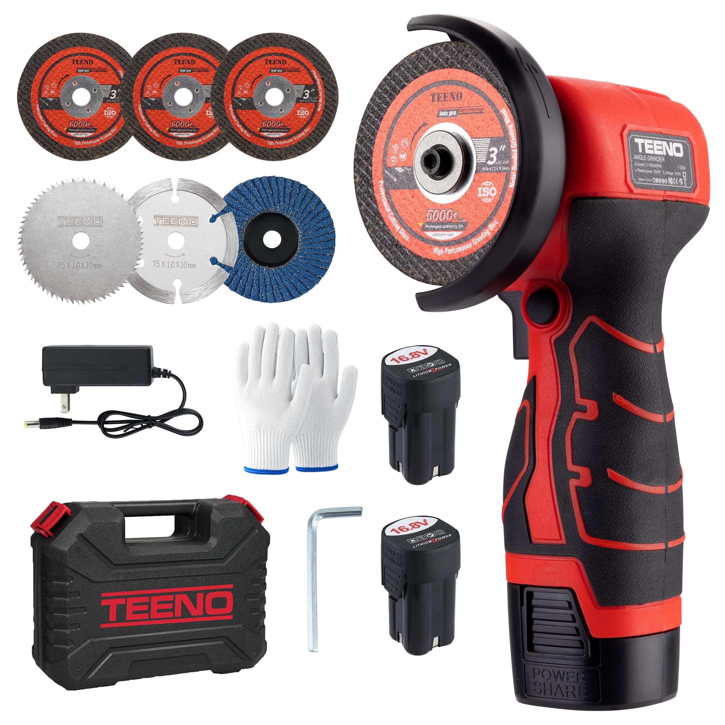 TEENO Mini Amoladora Angular Inalámbrica 16,8V, Radial de Batería 76 mm 19.500 RPM, Kit con 2 Baterías 2000 mAh, Cargador, 6 Discos y Maletín, para Cortar, Lijar y Pulir