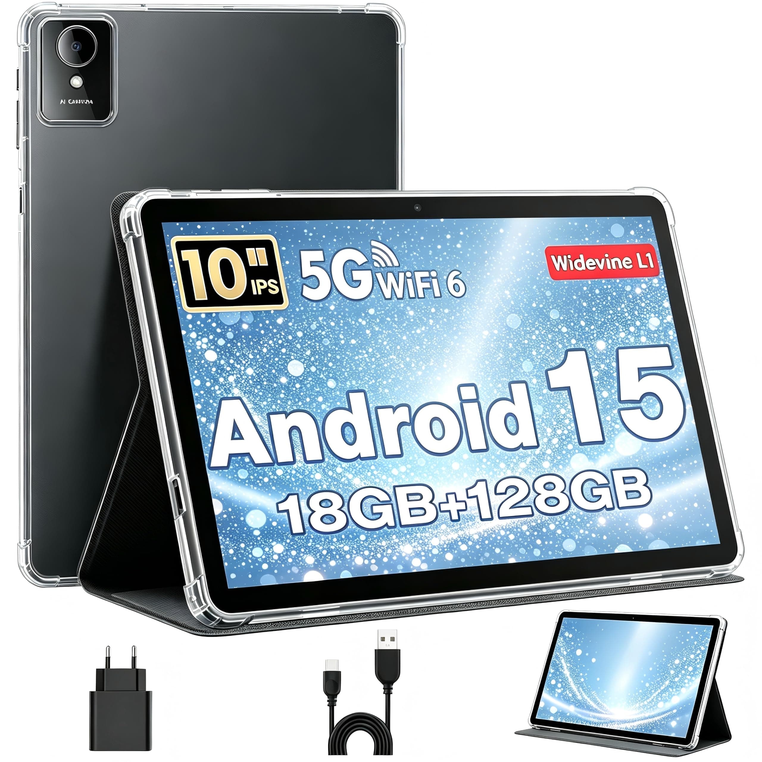 Tablet 10 Pulgadas, Tableta Android 15 con Funda, Unisoc T30 Quad-Core, 18 GB RAM + 128 GB ROM + 1 TB TF, Pantalla HD IPS 1280x800, Cámara Dual 5MP + 8MP, 6000 mAh, WiFi 6, BT 5.0, Widevine L1 (Negra)