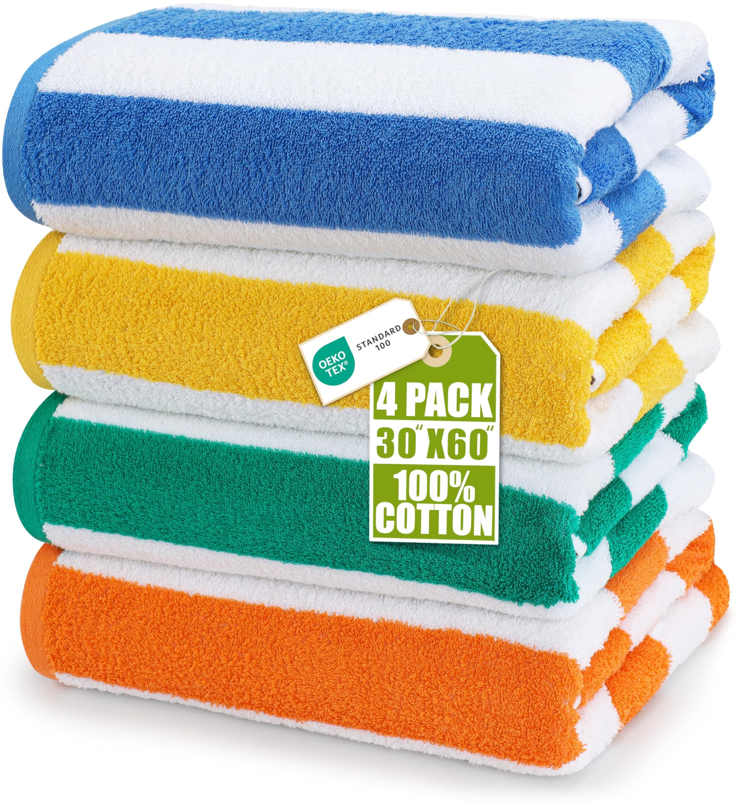 Utopia Towels - Grandi Asciugamani da Spiaggia/Piscina a righe Cabana (76 x 152 cm) - 100% cotone filato, morbidi e ad asciugatura rapida (set di 4 - Blu, Giallo, Verde e Arancione)