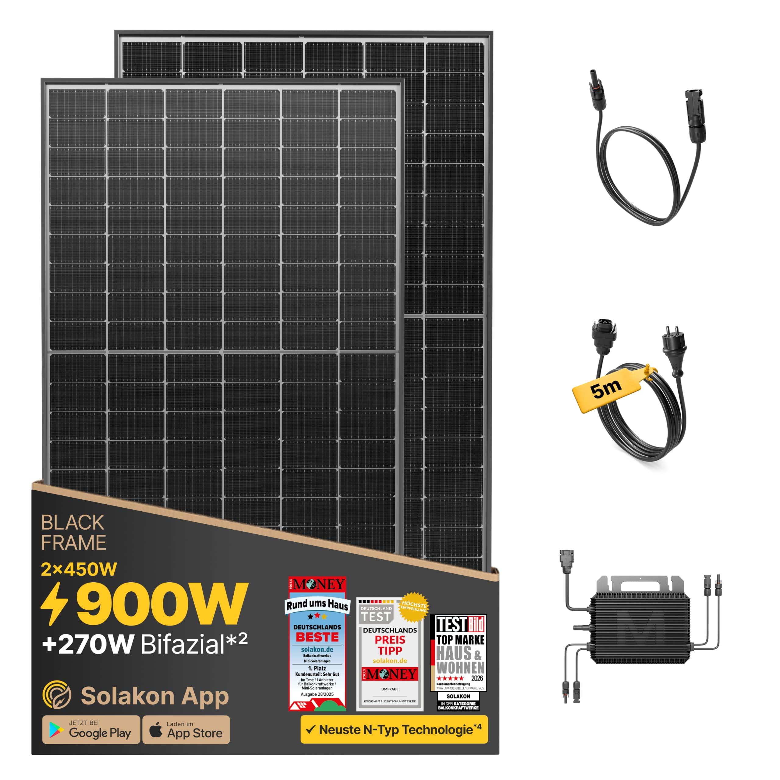 Solakon 900W Balkonkraftwerk - Balkonkraftwerk 800W komplett Steckdose - neuester 800 Watt Wechselrichter - Solaranlage Komplettset - 450W bifaziale Solarmodule inkl Zubehör - 5m Kabel, Ohne Halterung