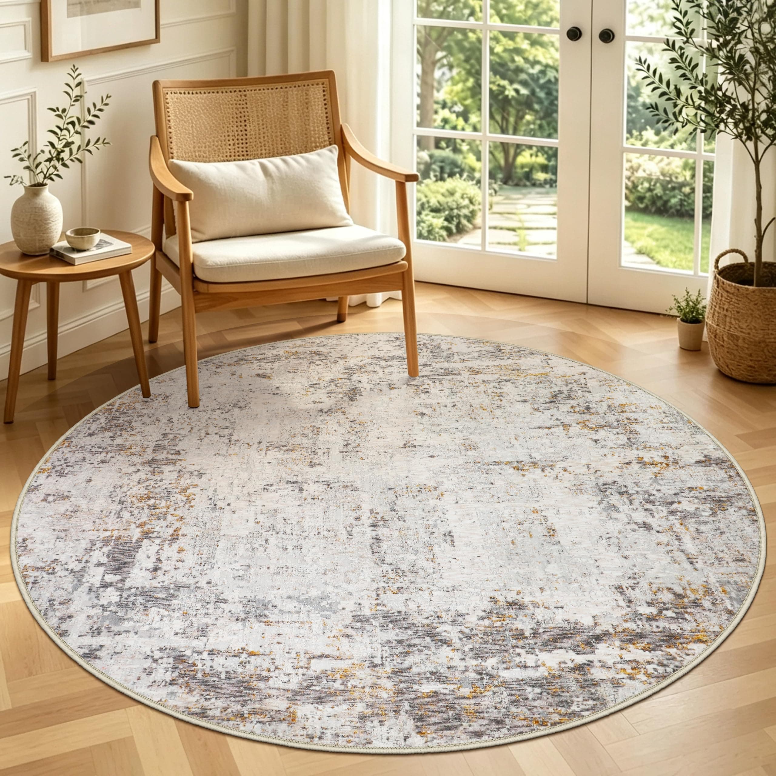 Capslpad Alfombra Abstracta Redonda, 135 cm, Moderna, Antideslizante, Pelo Largo, Lavable, Suave, Beige para Salón, Dormitorio, Estudio
