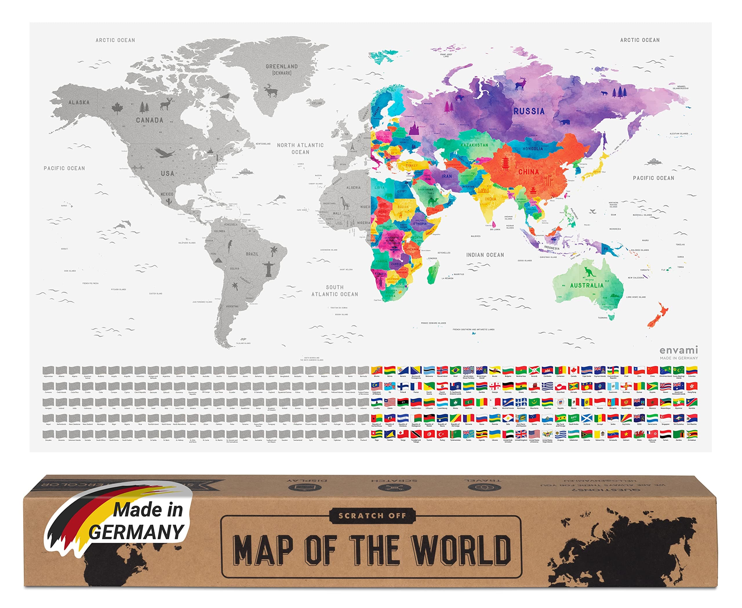 envami® Mappa del Mondo da Grattare - 68 X 43 CM - idee regalo - mappamondo da grattare con bandiere - scratch off map - mappa da grattare - cartina mondo da grattare - argento inglese