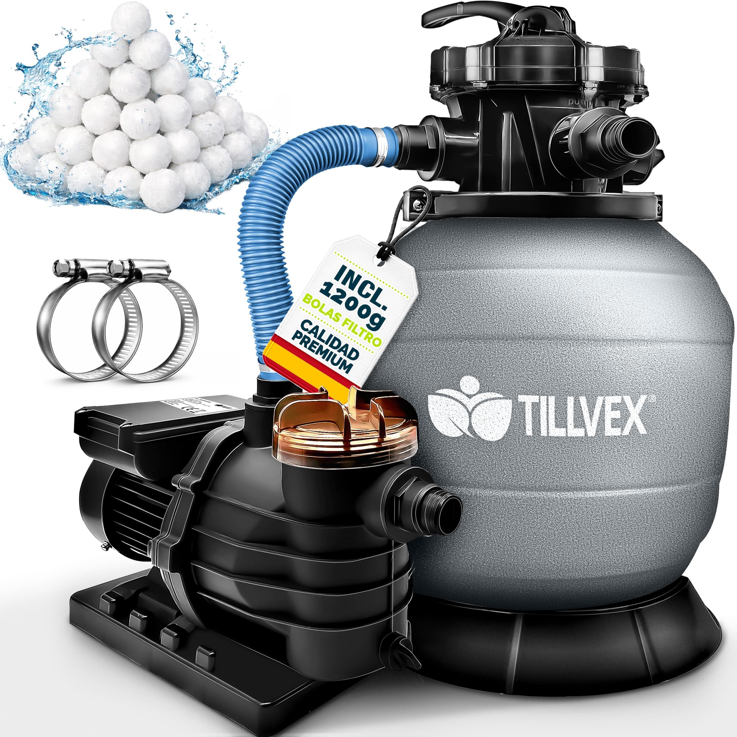 tillvex Depuradora de Agua para Piscina 13.200L/h hasta 40.000L + 1200g Bolas de Filtro - 7 Funciones de Filtrado - Bomba de Filtro de Arena con Válvula (Gris)