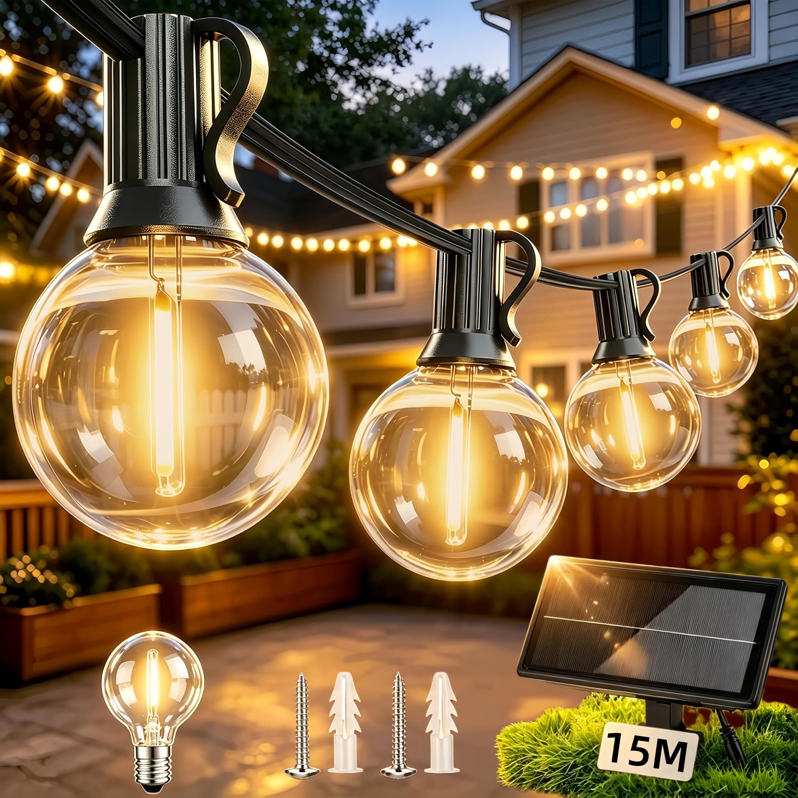 LaPitio Guirnaldas Luces Exterior Solar, 15M 25+1 Bombillas LED Irrompibles | Luces Exteriores Impermeable IP45, Carga solar o USB, 3 Modos, Ideal para Terrazas, Jardines, Balcones, Fiestas