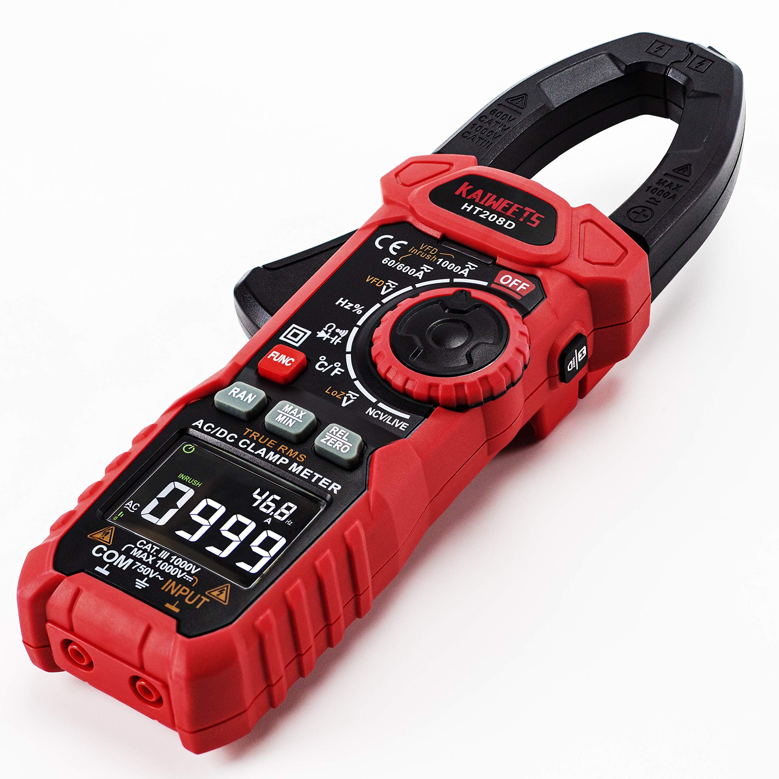 KAIWEETS HT208D Digital Pinza Amperimétrica Profesional para medir 1000A CA/CC Corriente y Tensión, T-RMS, InRush, VFD, Autorango, NCV, Amperímetro de Capacitancia, Resistencia, Bateria