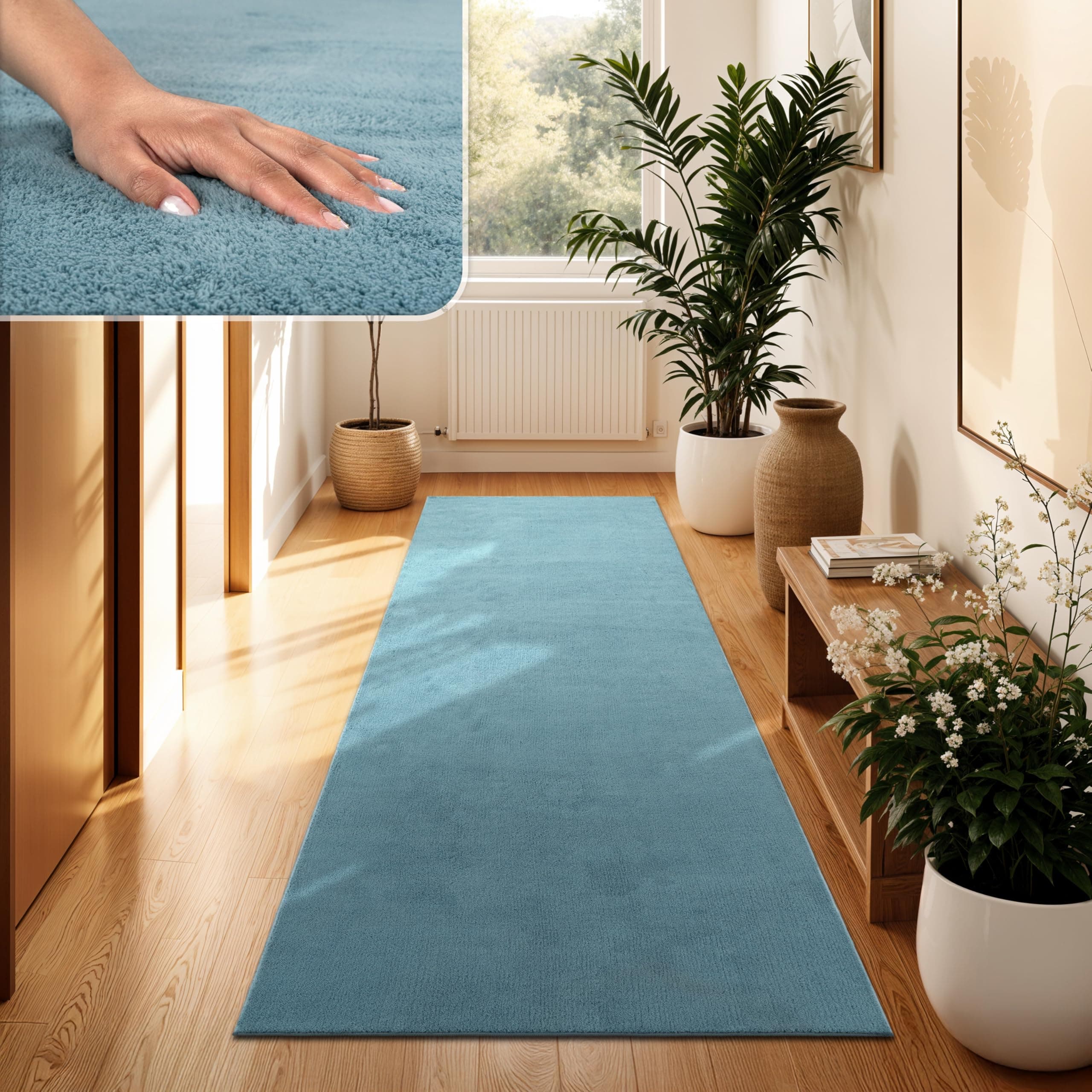 Paco Home Moderner Kuscheliger Wohnzimmer Teppich Kurzflor waschbar flauschig Weich Einfarbig Felloptik zeitlos stilvoll rutschfest pflegeleicht, Grösse:80x300 cm, Farbe:Türkis