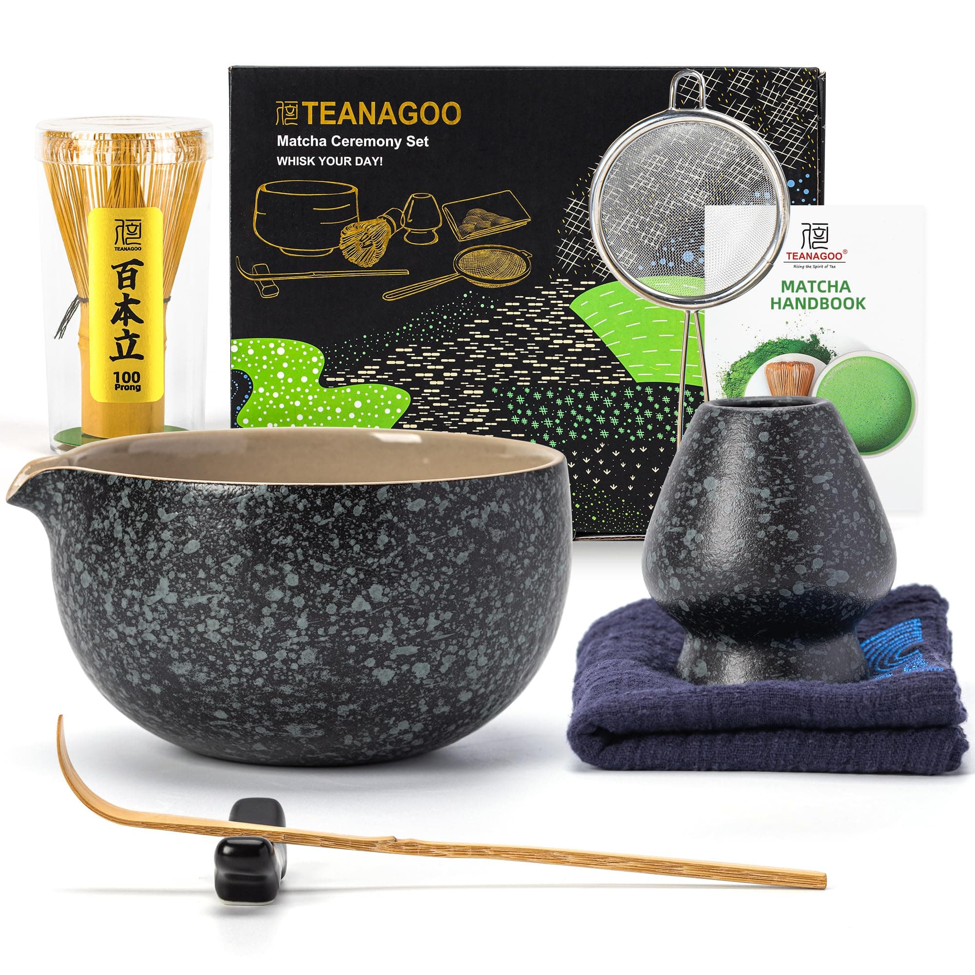 TEANAGOO Matcha Kit (7 piezas) Juego de batidor de matcha Tazón de matcha con pico Batidor de matcha de bambú (chasen) Cuchara (chashaku) Soporte para. N17